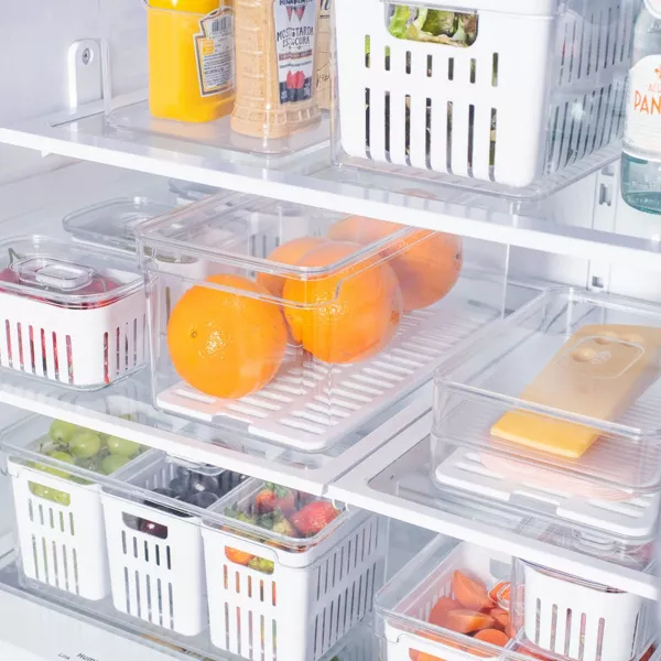 OU Fridge Organizer Bin w/ Vented Lid, Clear Stackable Refrigerator Storage Container w/ Drain Tray, 5.3 Quart Capacity