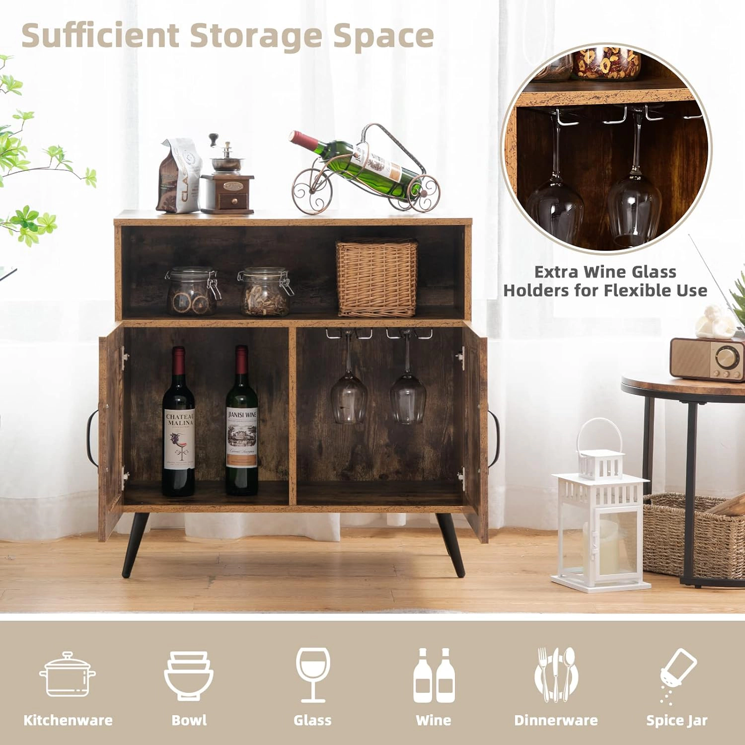 Glintex Mid-Century Buffet Cabinet with Stemware Holders and 110-Lb Top, Rustic Brown