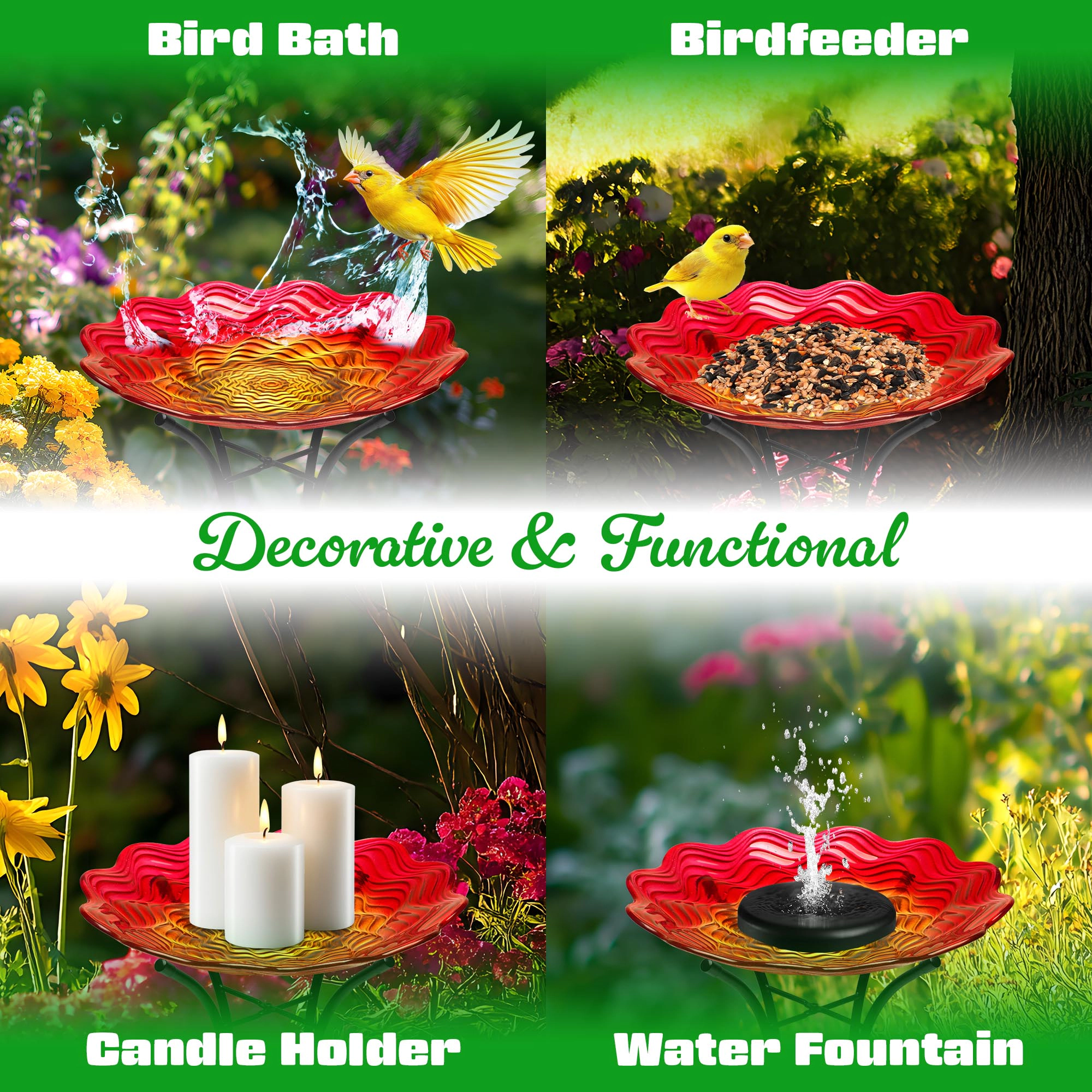 G128 19in Red Painted Glass Bird Bath with Stainless Metal Stand, Outdoor Garden Feeder Bowl