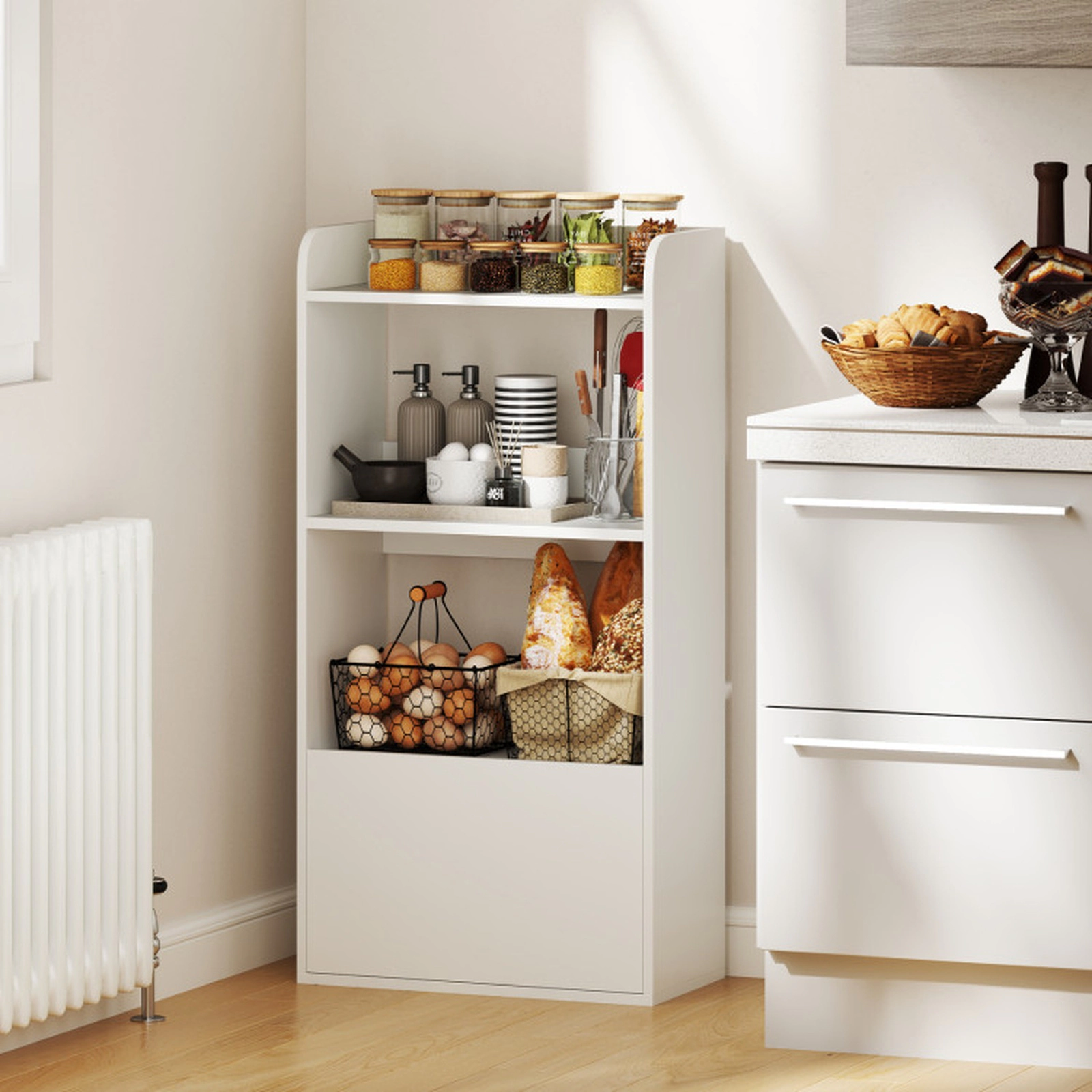 SUGIFT 3-Tier White 41.5-in Freestanding Bookshelf with Storage Drawer and Side Guardrails for Bedroom