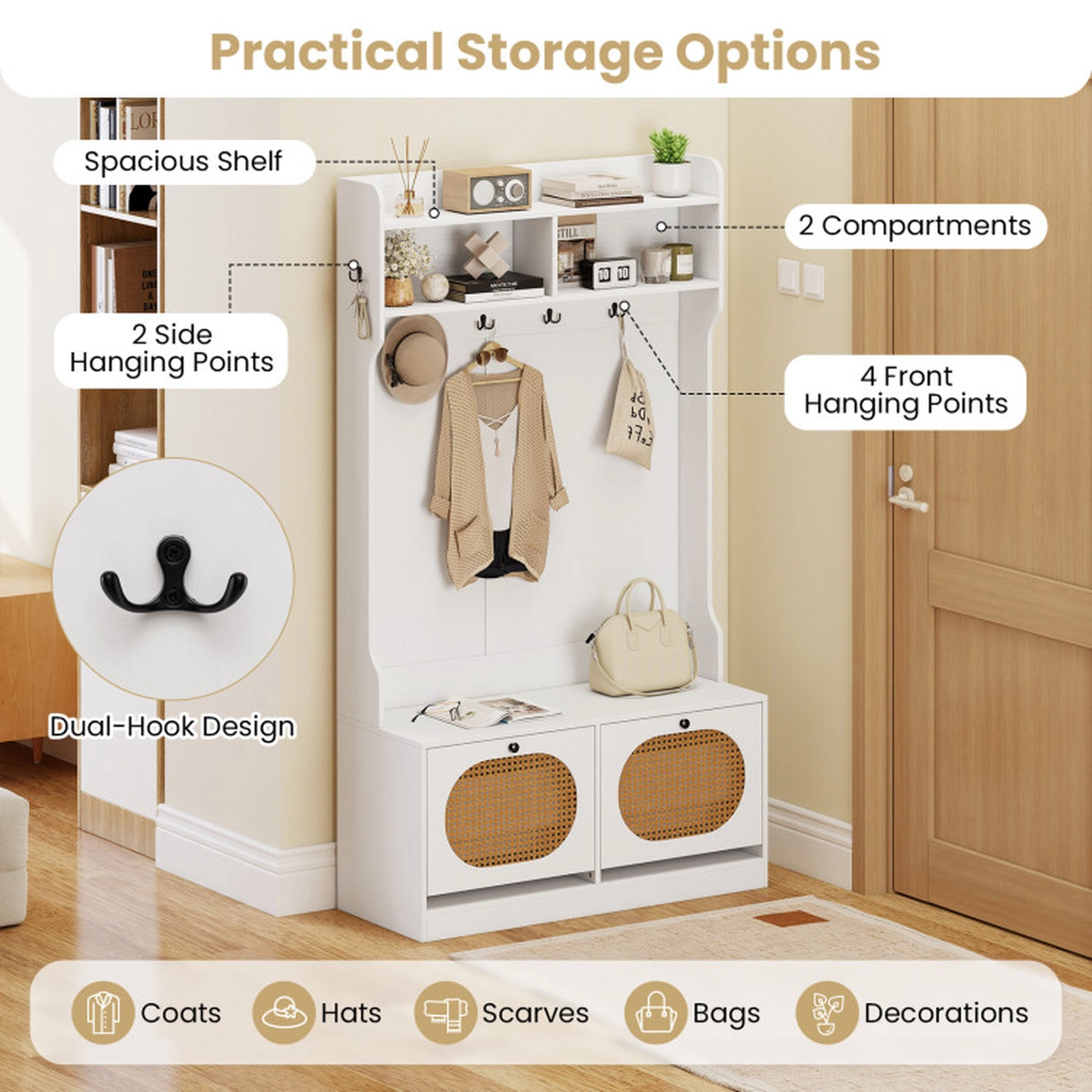 SUGIFT 40-in Wide 4-in-1 Hall Tree with Flip-Down Rattan Shoe Drawers Coat Rack and 220-lb Bench