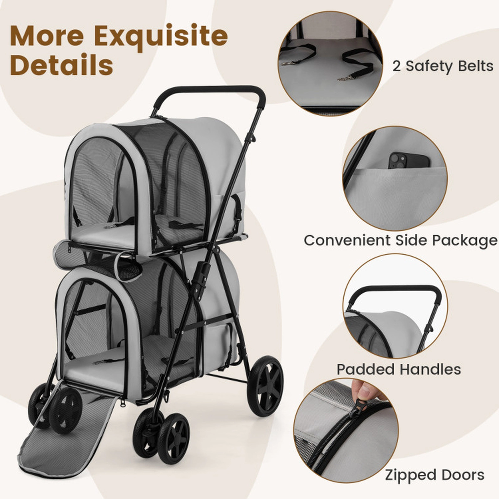 SUGIFT 4-in-1 Double Pet Stroller with Detachable Carriers and Car Seat Carrier 17-lb Capacity Beige Blue Black