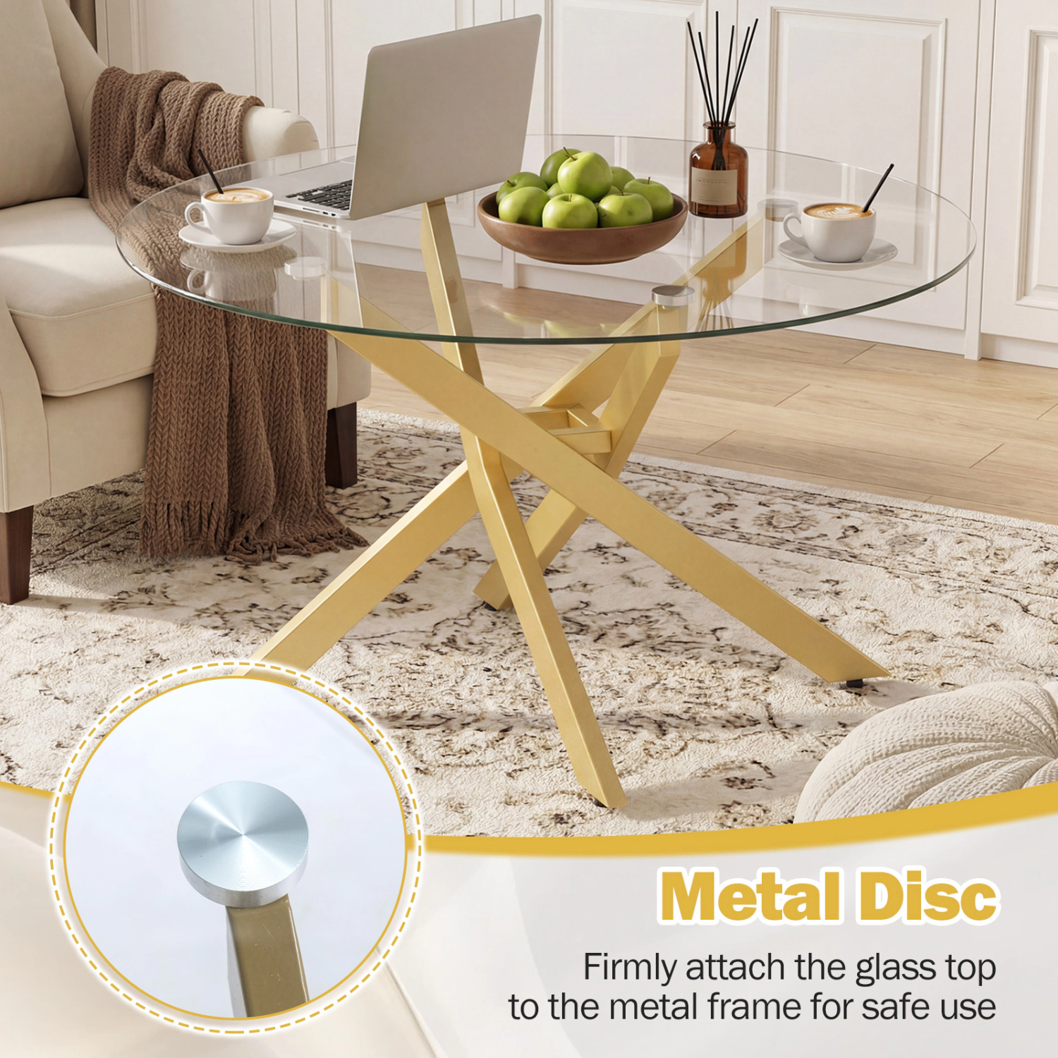 Glintex 31.5-Inch Round Glass Coffee Table with Geometric Metal Frame
