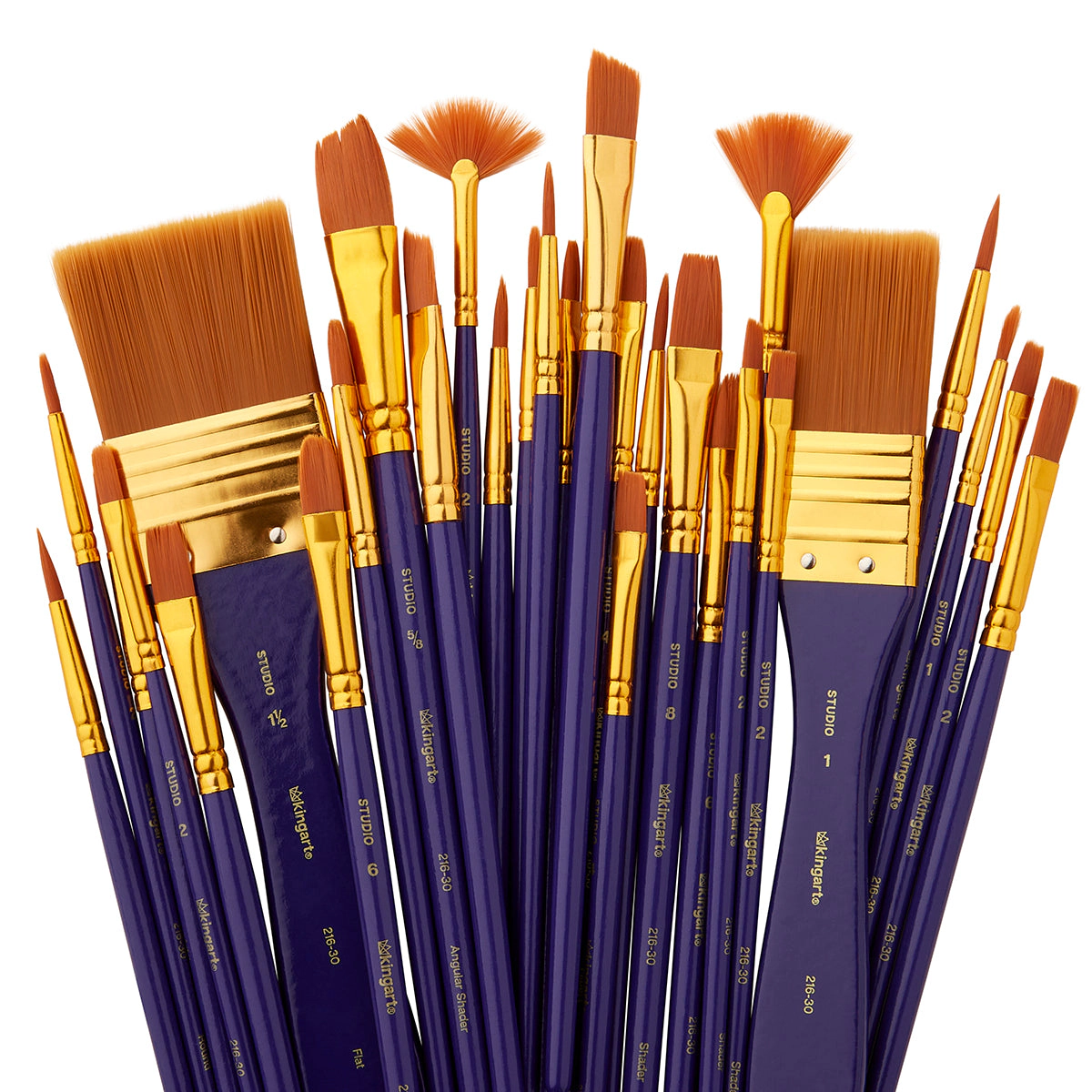 KINGART Studio Gold Nylon Brush Set - 30 pc Acrylic & Watercolor