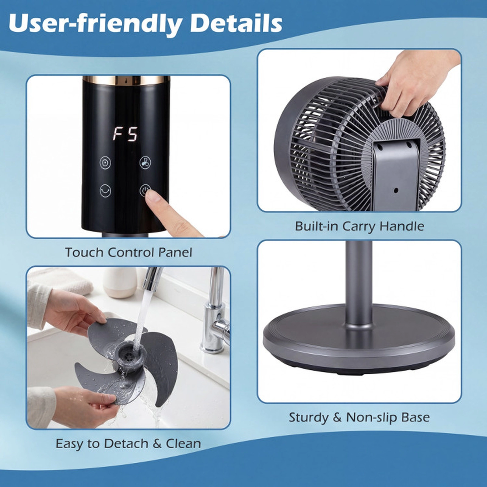 SUGIFT Compact Oscillating Pedestal Fan with 70° Horizontal Swing and 90° Vertical Tilt 8-Speed 12-Hour Timer Gray