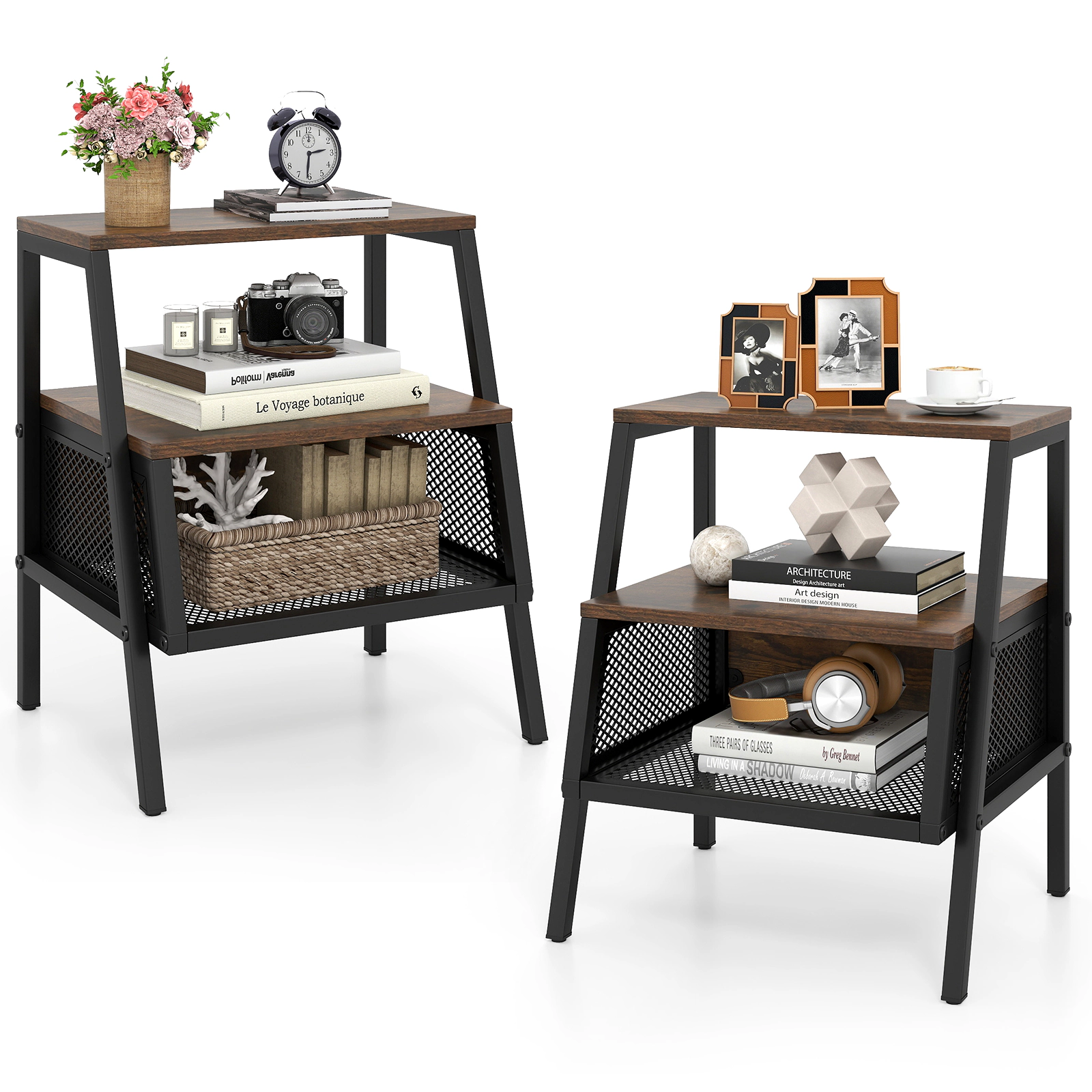 Glintex 2-Piece Industrial 3-Tier Nightstand Set with Ventilated Metal Mesh Shelf, Rustic Brown
