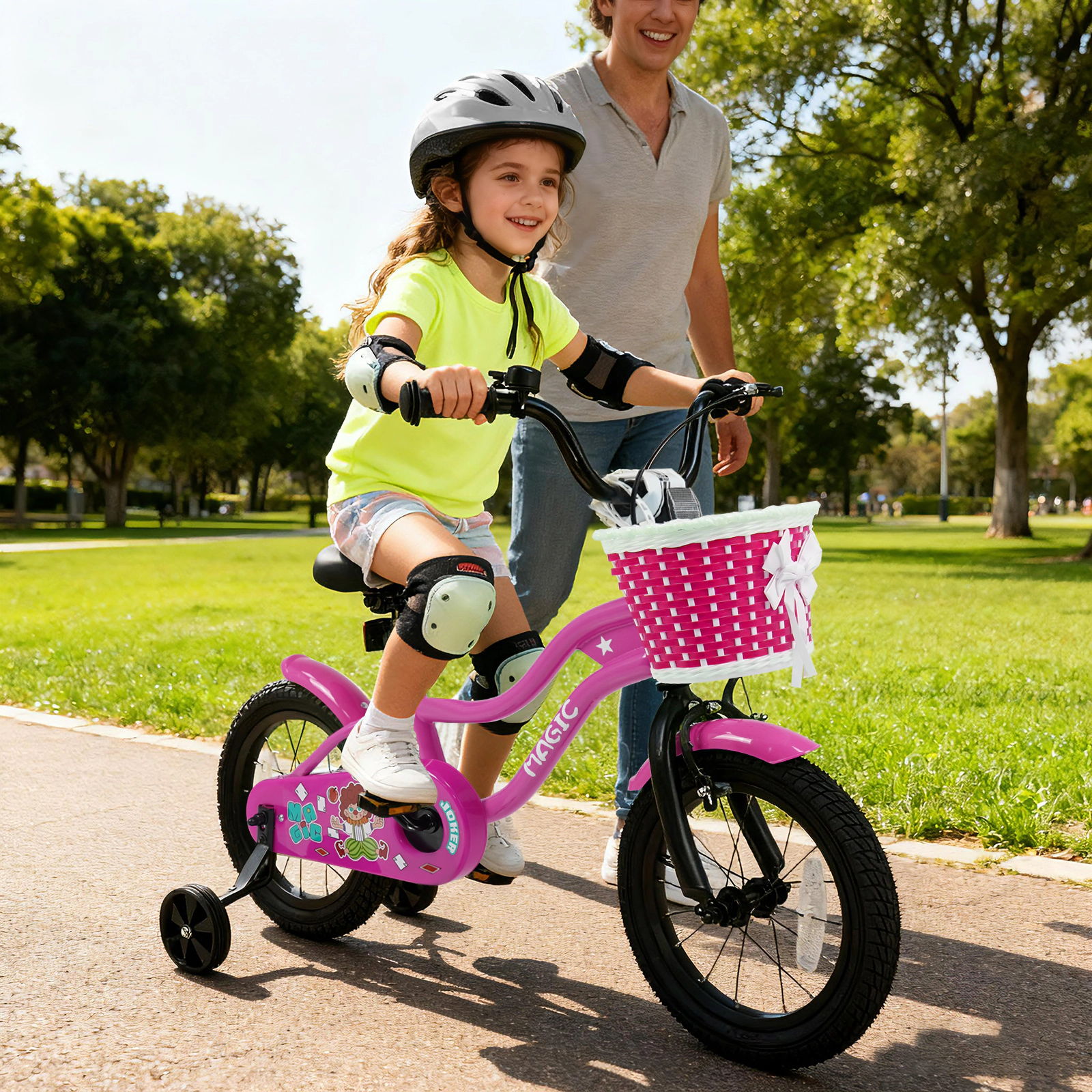 14-in Kids Bike Removable Training Wheels Ages 3-5 Rose Toddler Bicycle Front Basket Bell Mudguards 110-lb Capacity