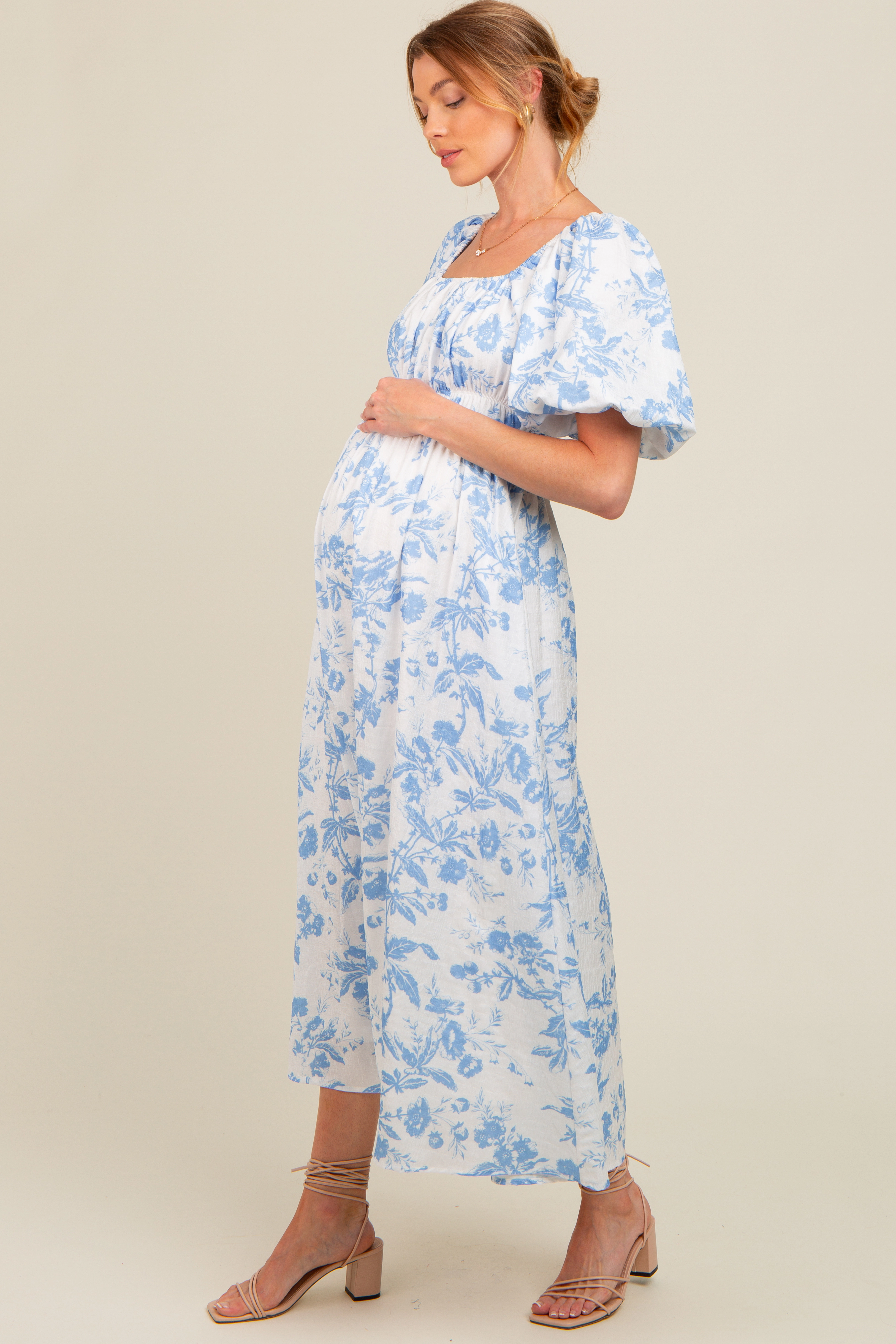 PinkBlush Womens Blue Floral Puff Sleeve Maternity Midi Dress