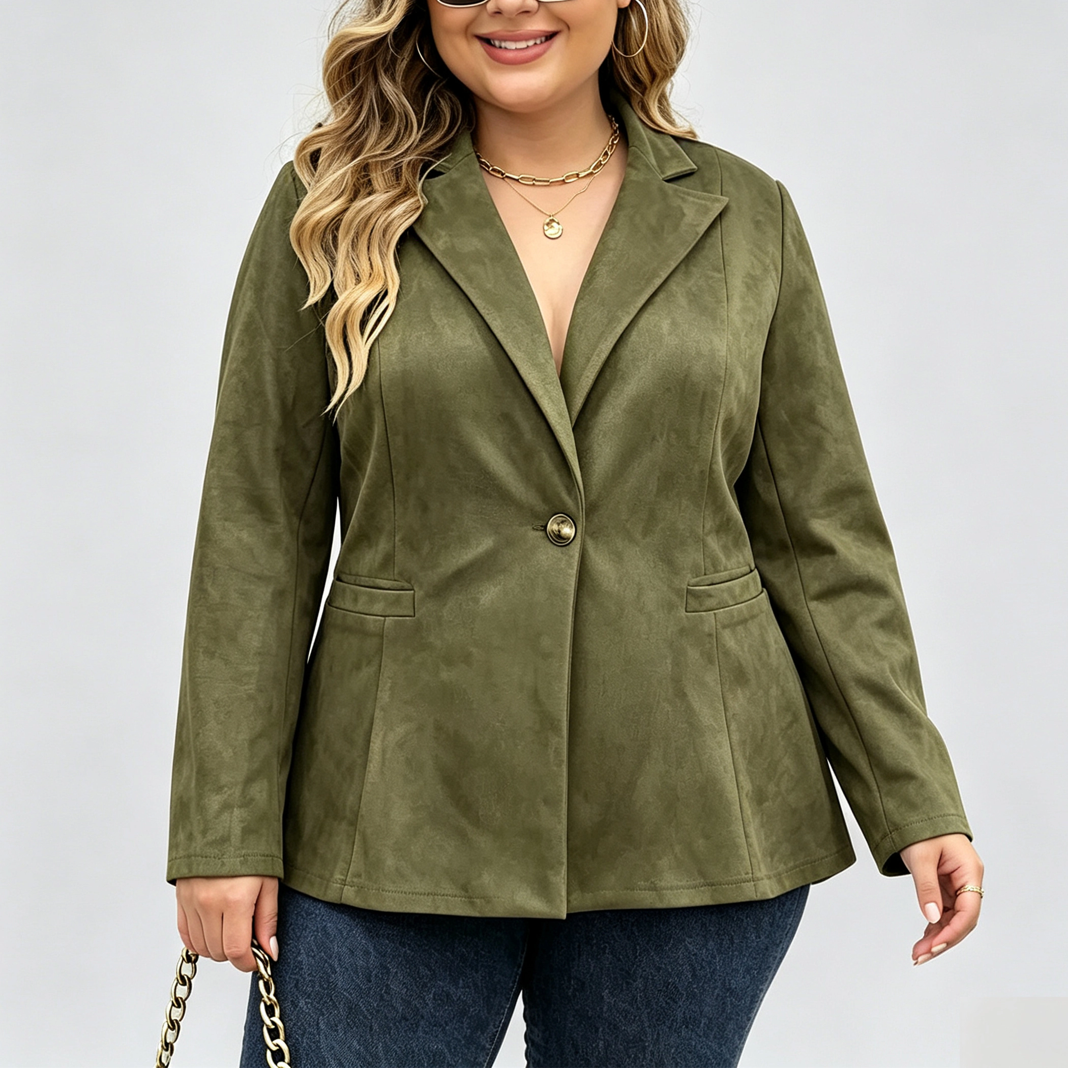 YesFashion Women's Plus Faux Suede Blazer Lapel Collar Casual Suit Jacket Coats with Pockets