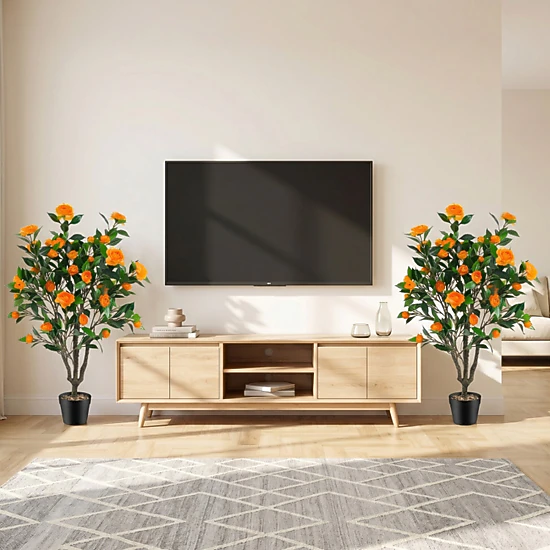 SUGIFT 40-in Artificial Camellia Tree with 37 Flowers and River Stones in 6 x 5.5-in Pot 2-Pack Orange Green Black