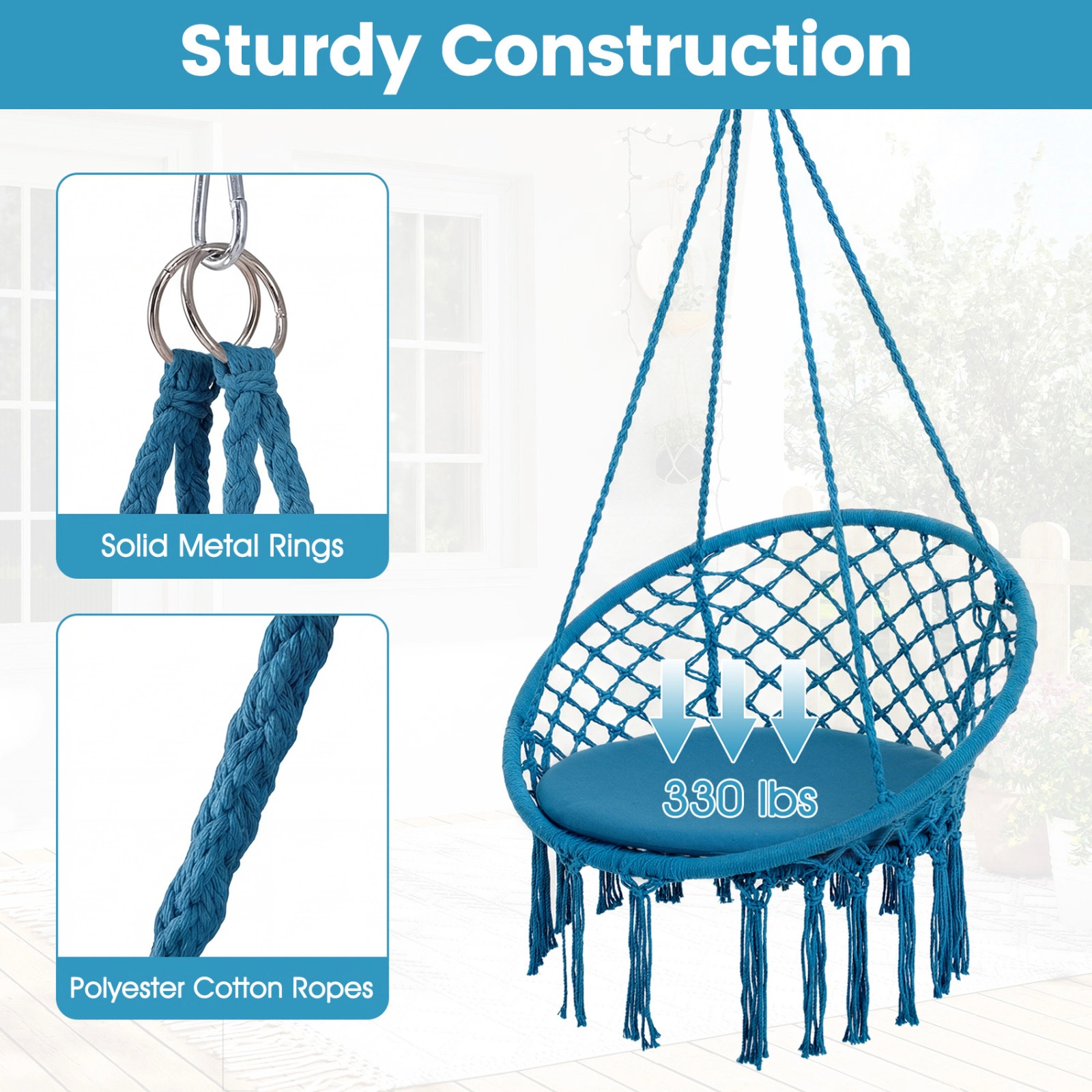 SUGIFT Macrame Hammock Swing Chair with Round Seat Cushion 330-Lb Capacity 31.5-in Wide Indoor Outdoor Blue