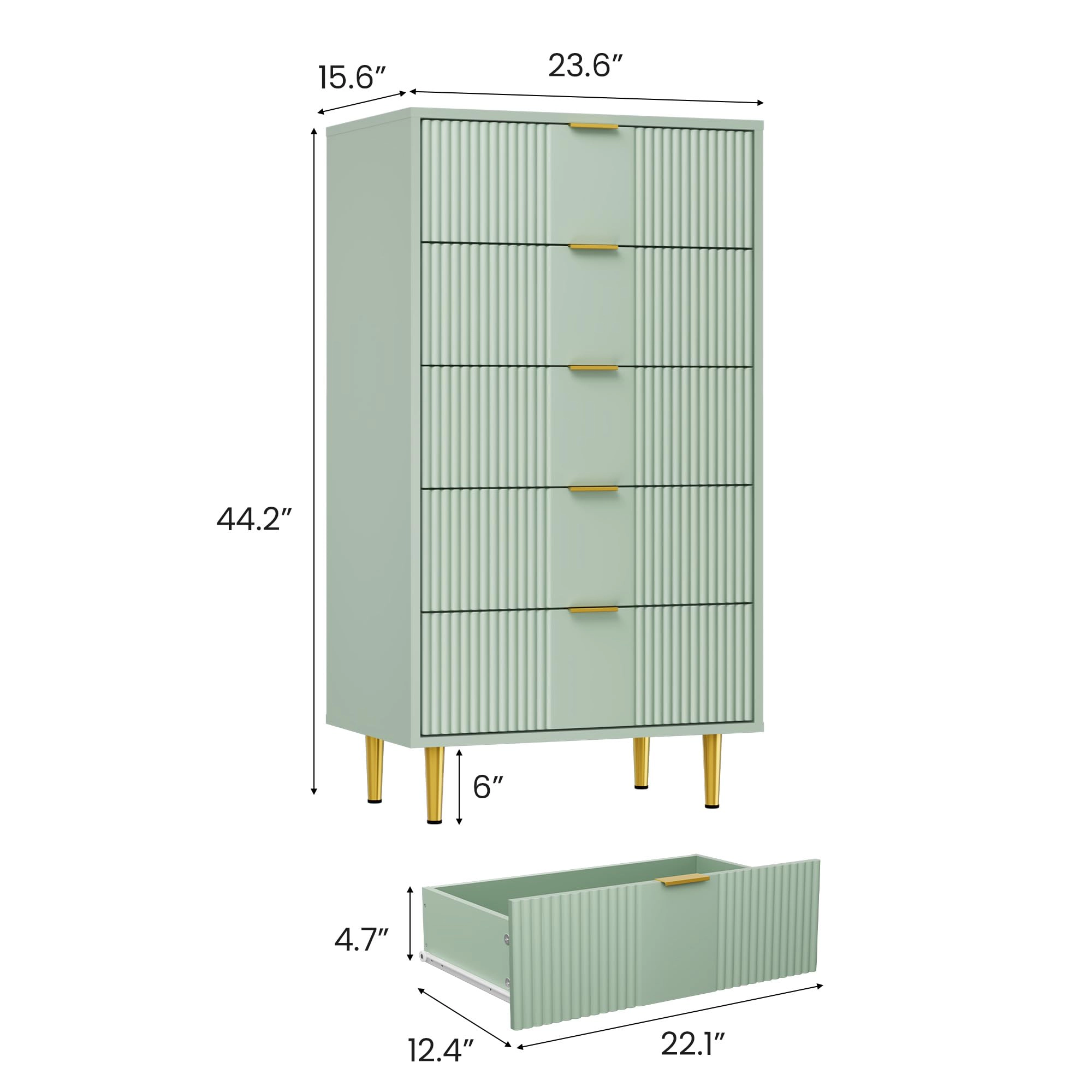 44.3" Tall Fluted 5 Drawer Dresser with Metal Handles, Modern Wood Storage Chest