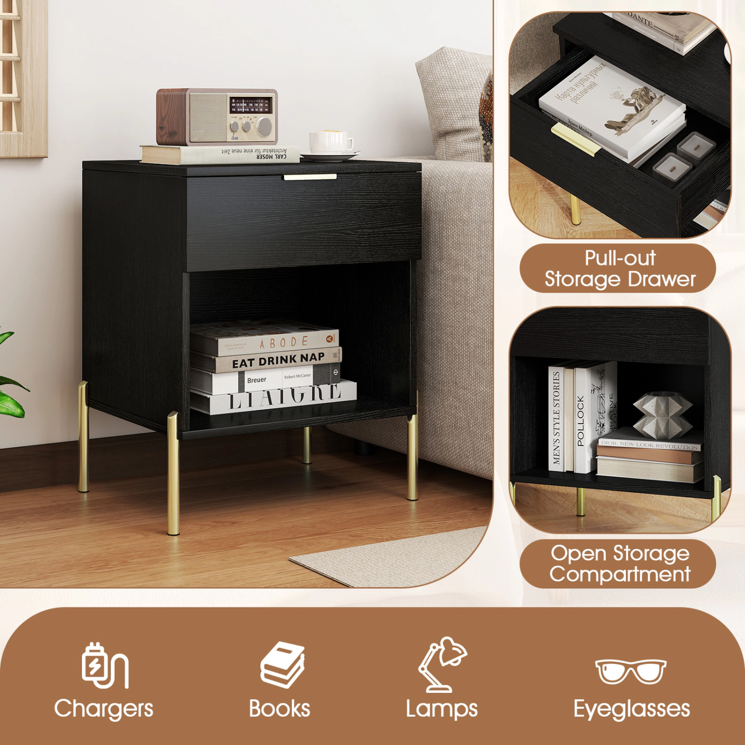 Hivvago Modern Nightstand With Charging Station