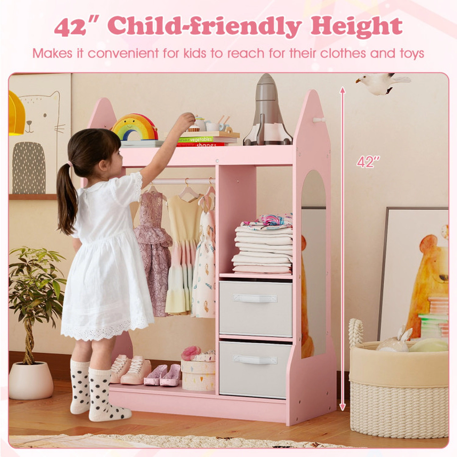 SUGIFT Kids Play Armoire Dresser Toy Organizer with Clothes Hanger 110-lb Capacity Ages 3+ Pink