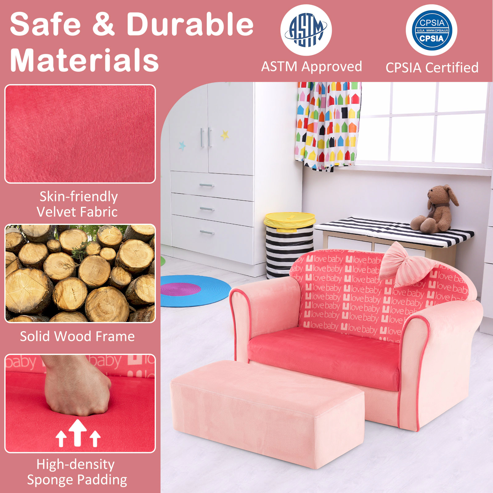 SUGIFT Ultra Soft Velvet Kids Sofa Chair with Ottoman 220-lb Couch 110-lb Ottoman Capacity Ages 0-5 Pink