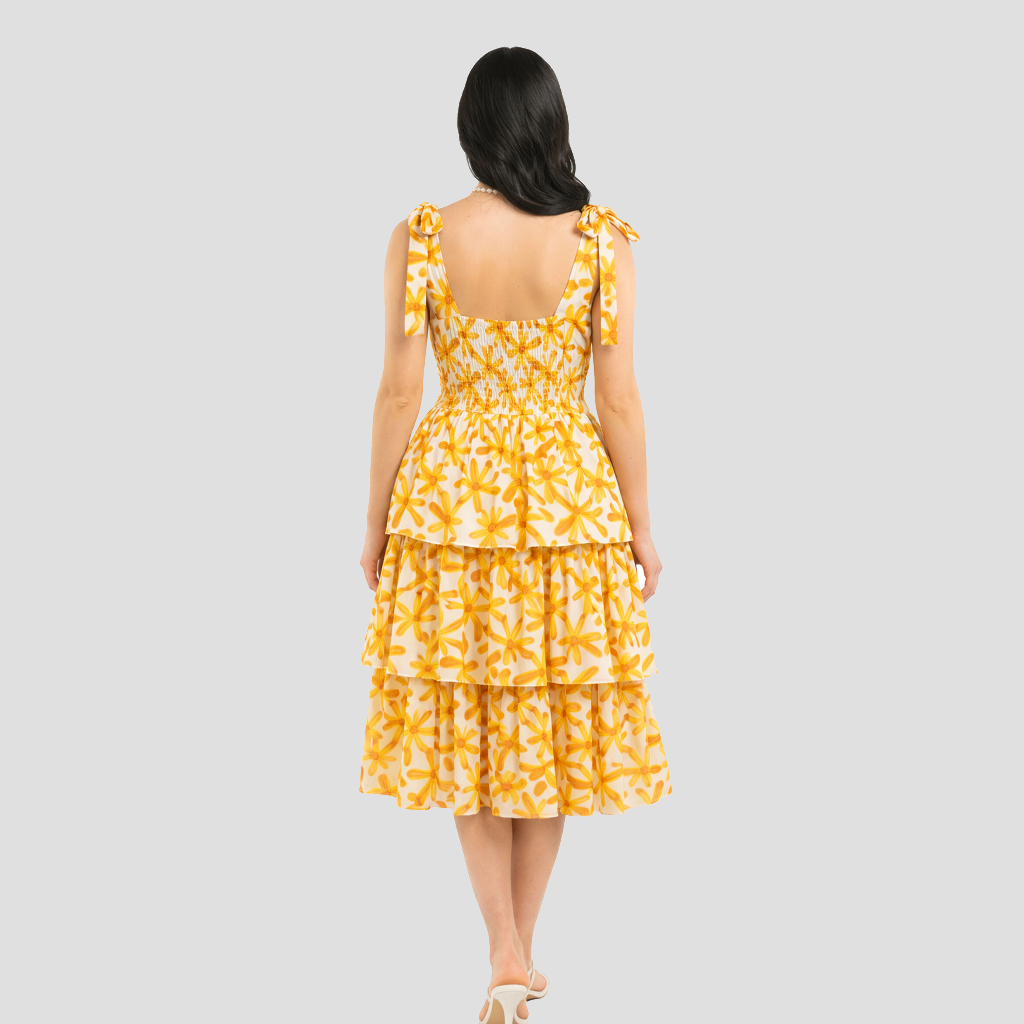Artyska Women’s Floral Tiered Midi Dress with Bow-Tied Sleeves