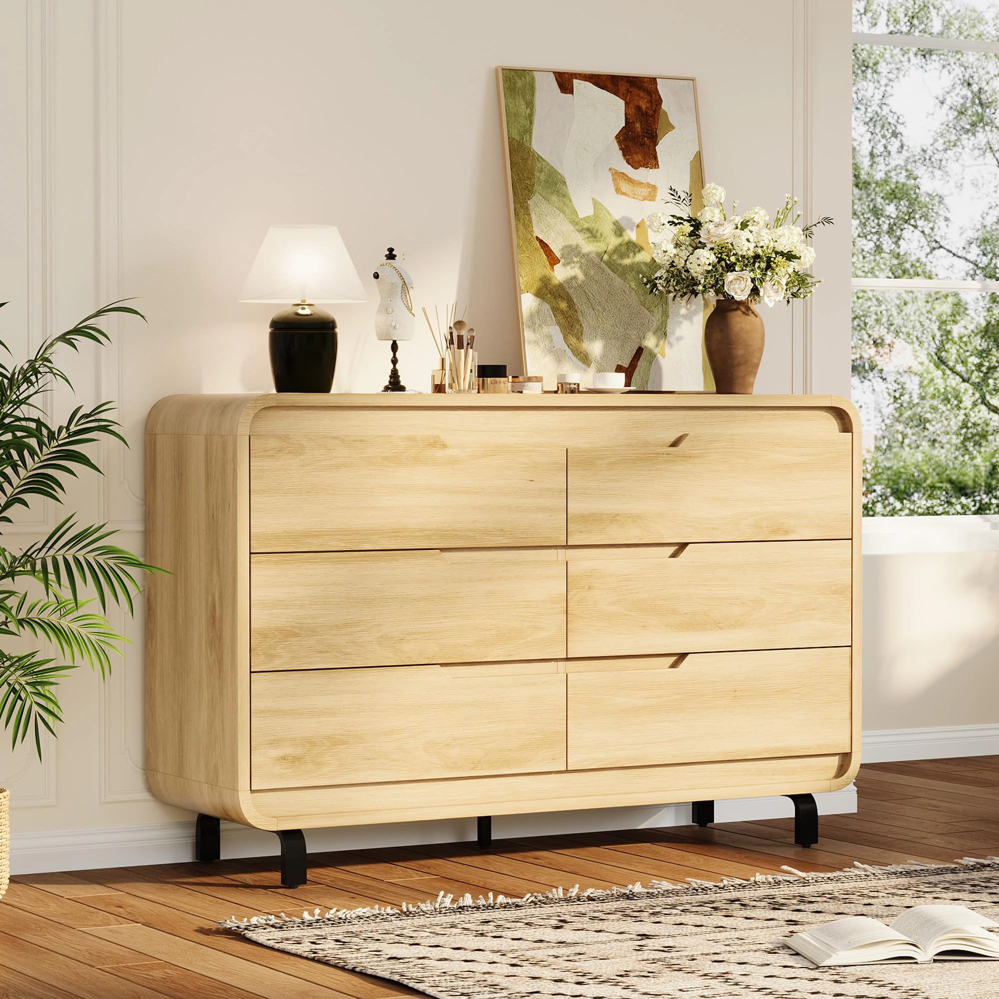 47" Wide 6 Drawer Wood Dresser with Handleless & Detachable Legs, Modern Storage Chest