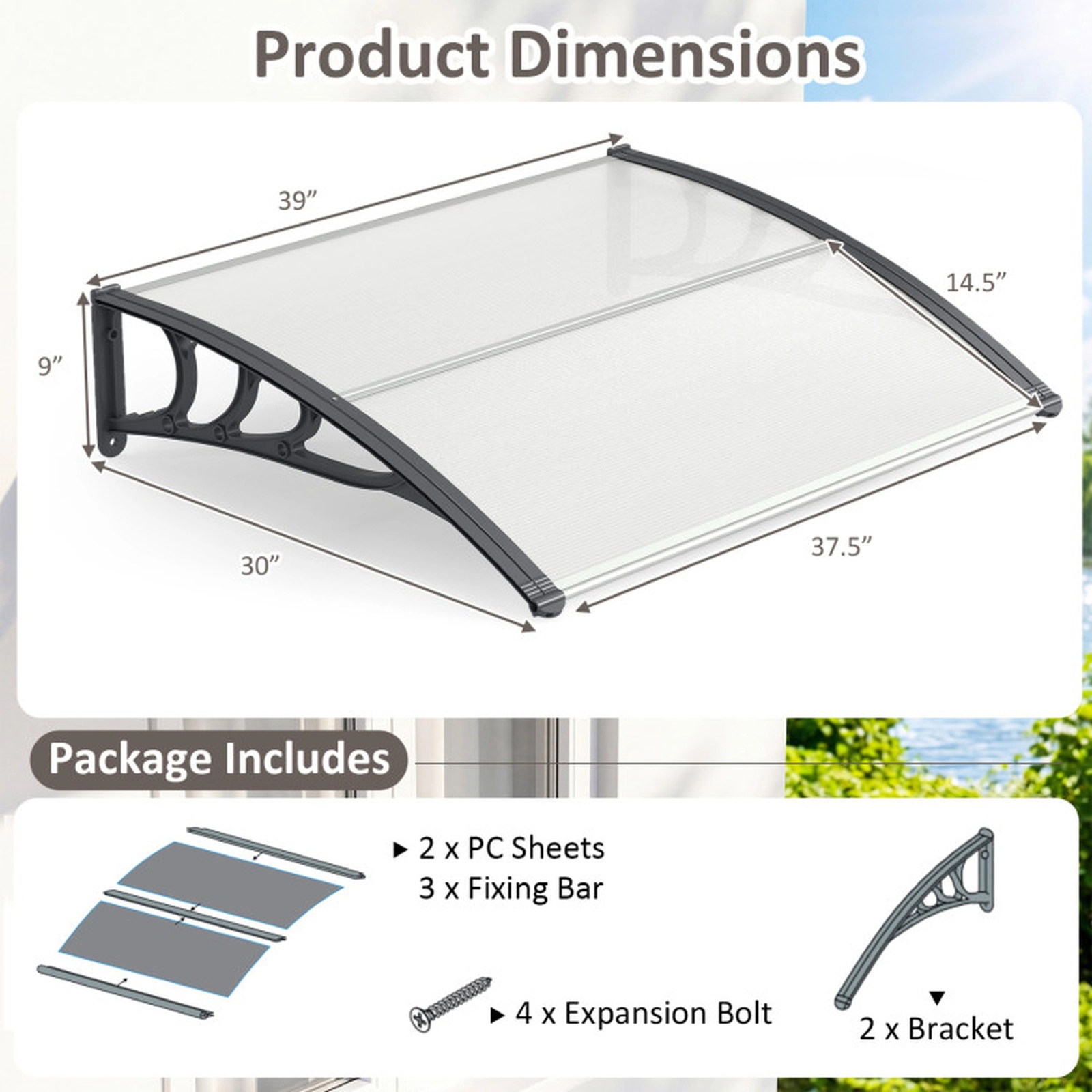 SUGIFT 39 x 30 in Polycarbonate Outdoor Front Door and Window Awning Canopy 44-lb Capacity Gray