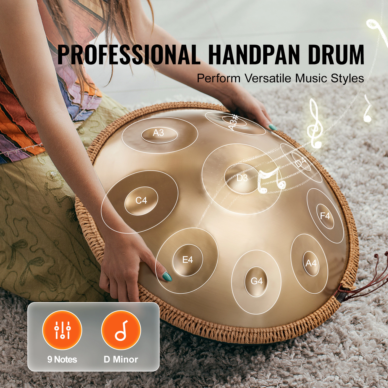 HONGGE Handpan Drum 22 in D Minor with Mallets, Stand & Carry Bag, Steel Healing Sound Percussion for Adults Beginners