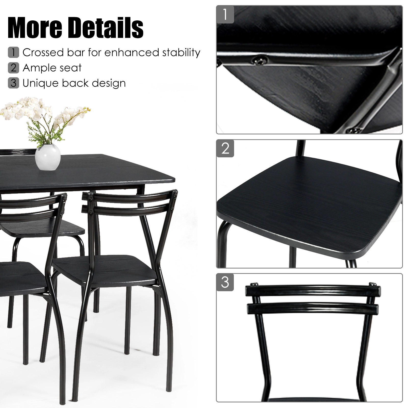 SUGIFT 5-Piece Black Steel Dining Set for 4, 42-Inch Table with Backrest Chairs