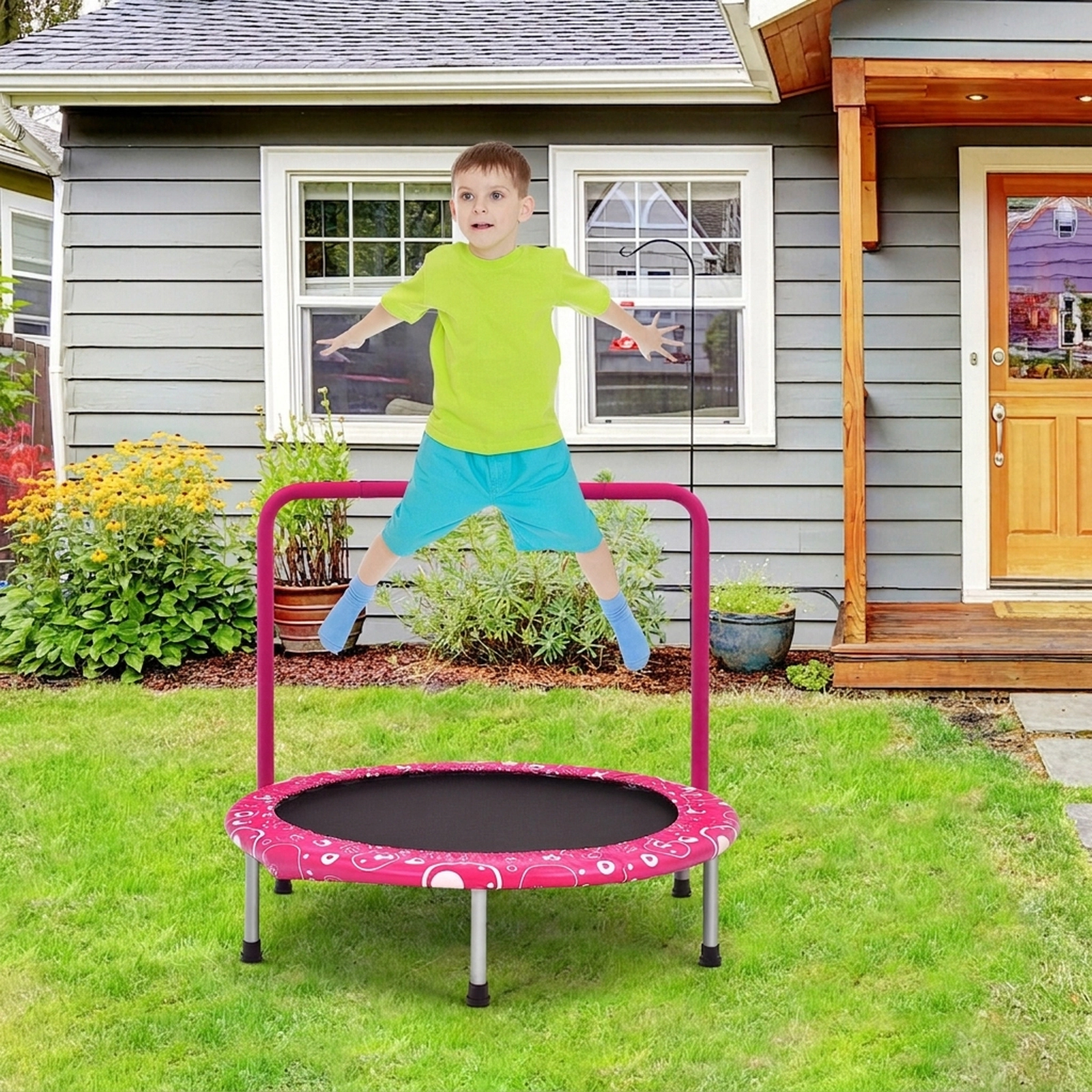 36-in Foldable Kids Trampoline Mini Rebounder Full Covered Foam Handrail 330-lb Capacity Ages 3-10 Pink Indoor Outdoor