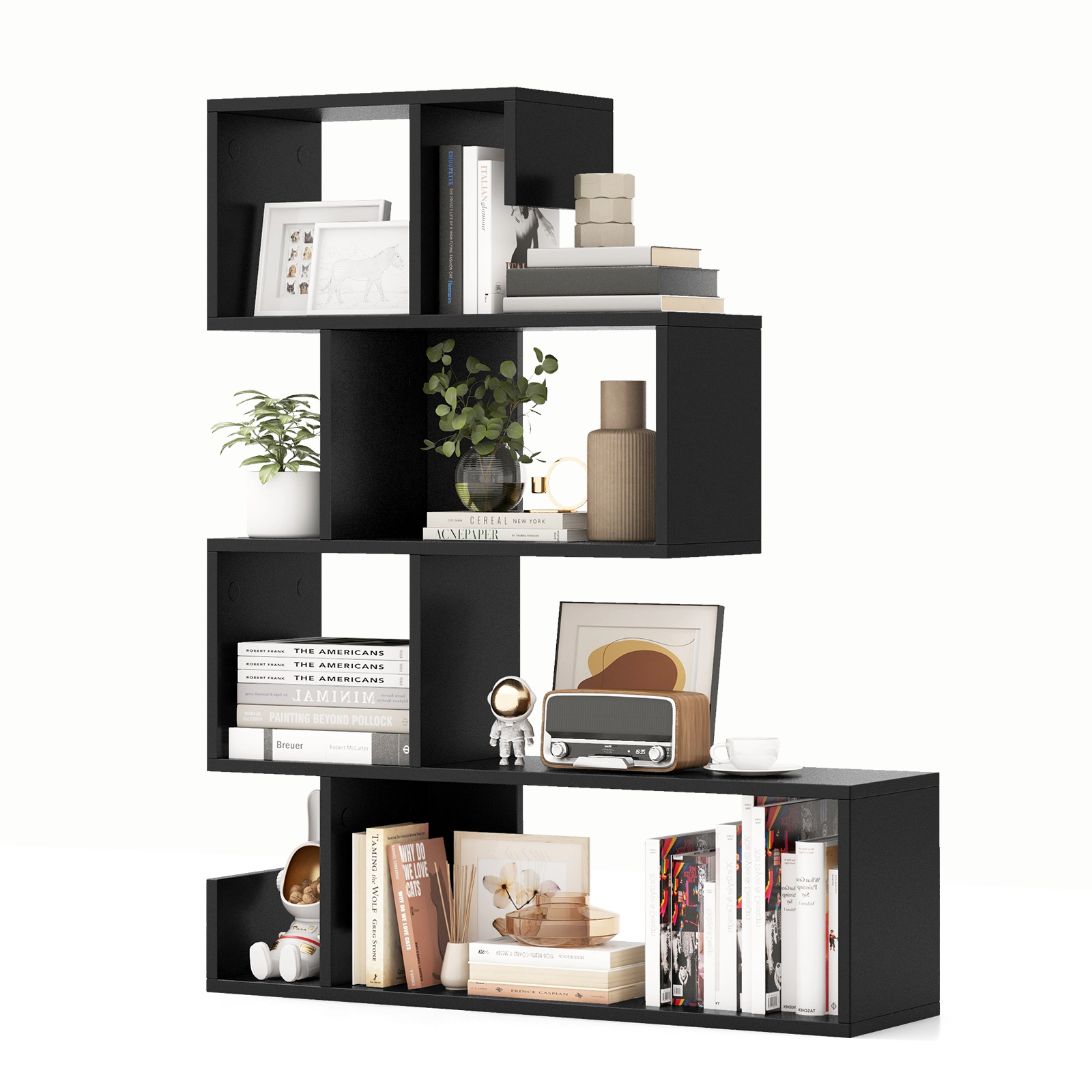 SUGIFT 5-Tier S-Shaped Geometric Z-Shelf Bookcase with Open Cubes 44-lb Top Capacity Engineered Wood 31.5-in Wide Black
