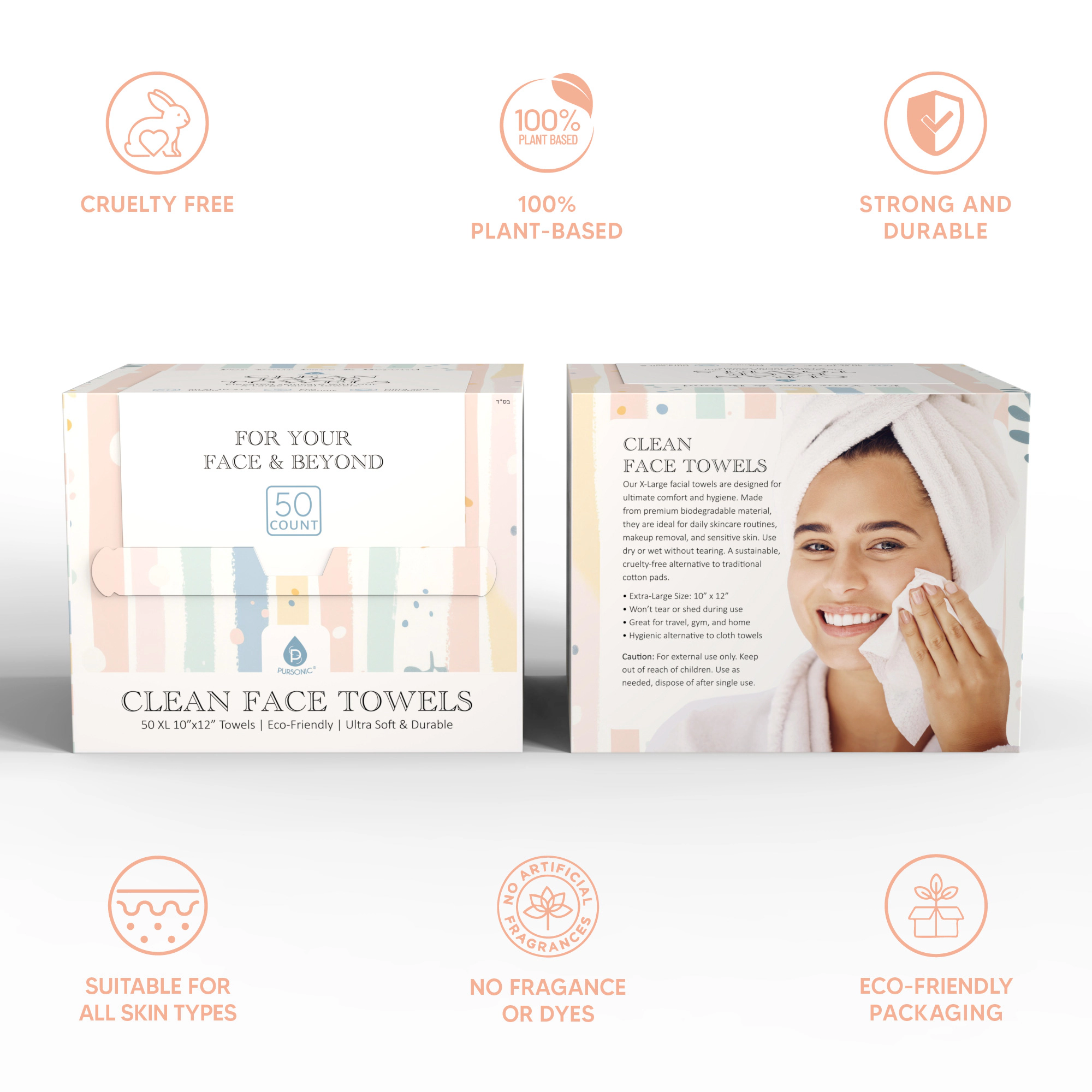 Pursonic Unisex Skincare & Bath Collection: Facial Brush, Biodegradable Towels & Bamboo Body Brush