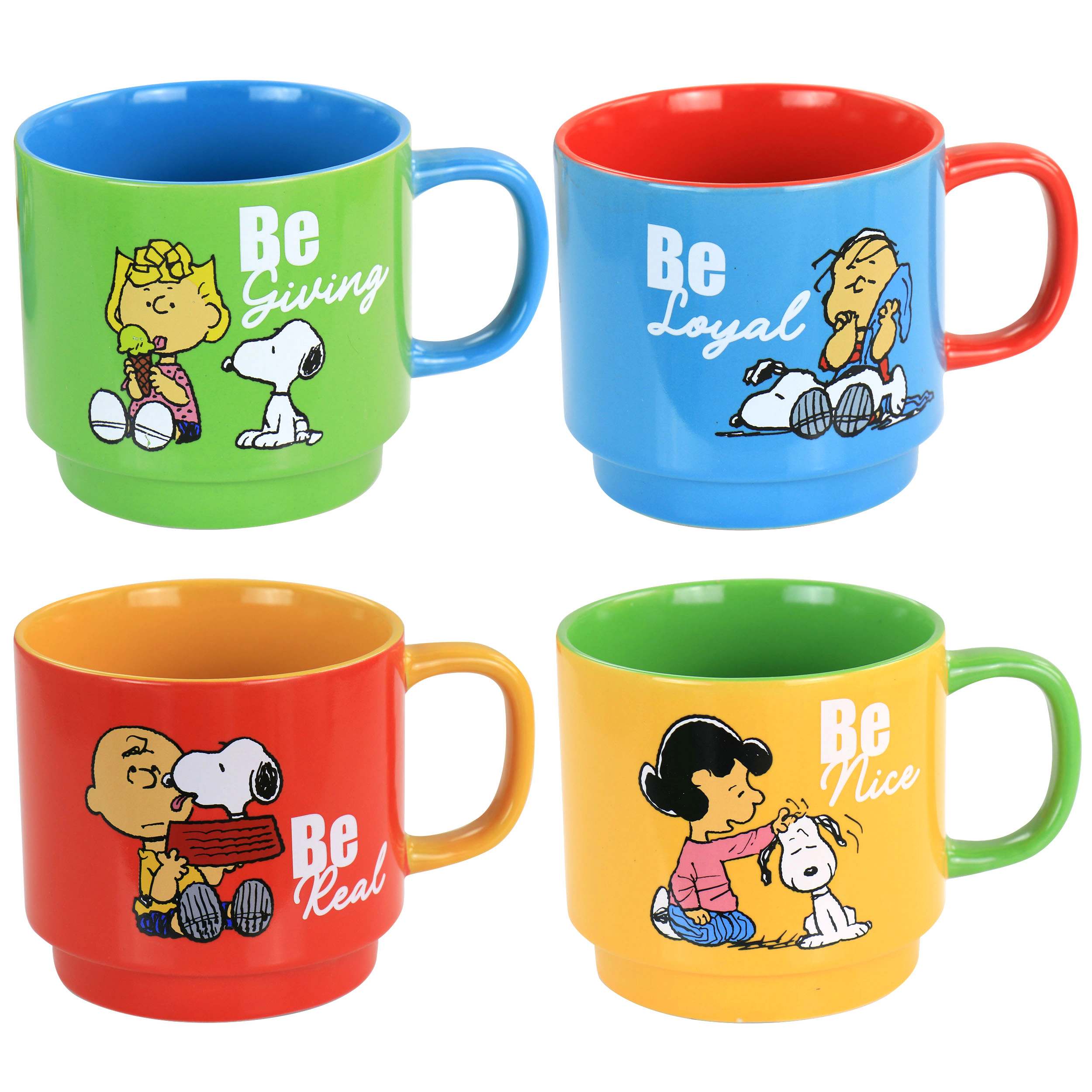 Gibson Peanuts Classic Gentle Reminders Collection 4 Piece Stoneware Stackable Mug Set with Metal Stand