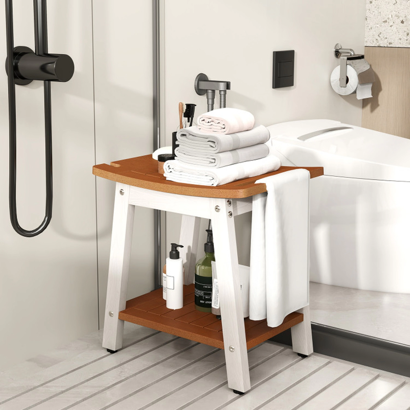 SUGIFT Sprayer Holder Storage Shelf White Legs Polystyrene Shower Bench 16-in x 12.5-in x 17-in 330-lb Capacity Brown