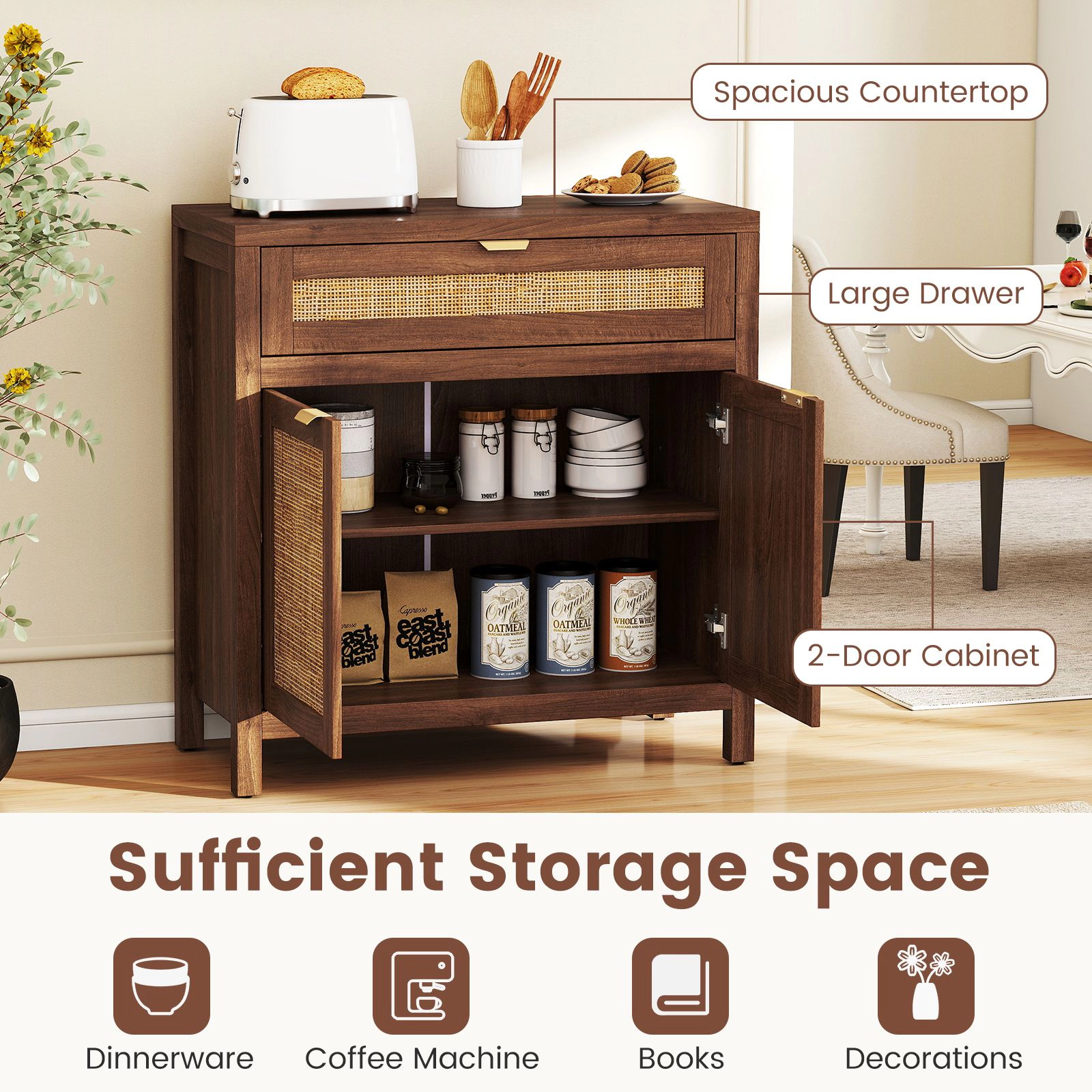 SlickBlue Modern Storage Cabinet with Drawer and Rattan Accents for Dining Room