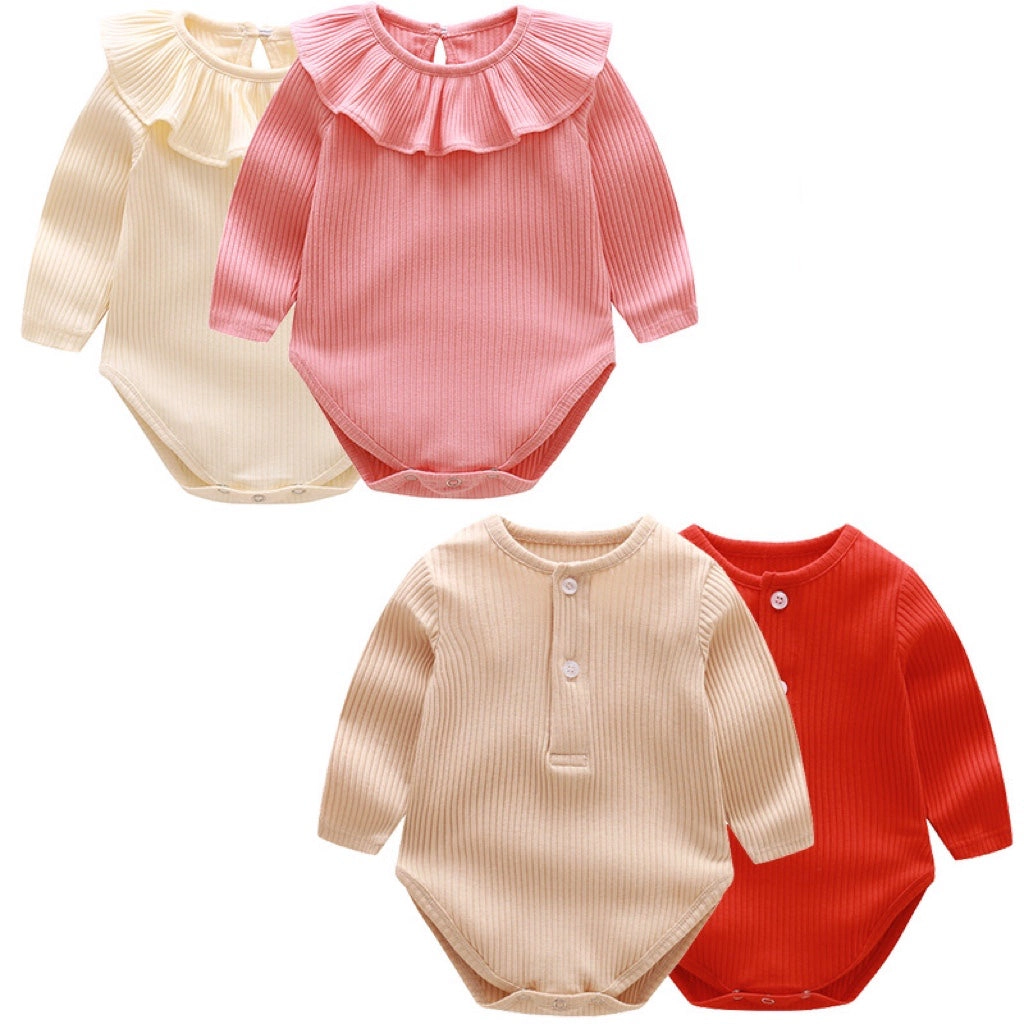 MyKids-USA Baby Solid Color Ruffle & Buttoned Design Long-Sleeved O-Neck bodysuit