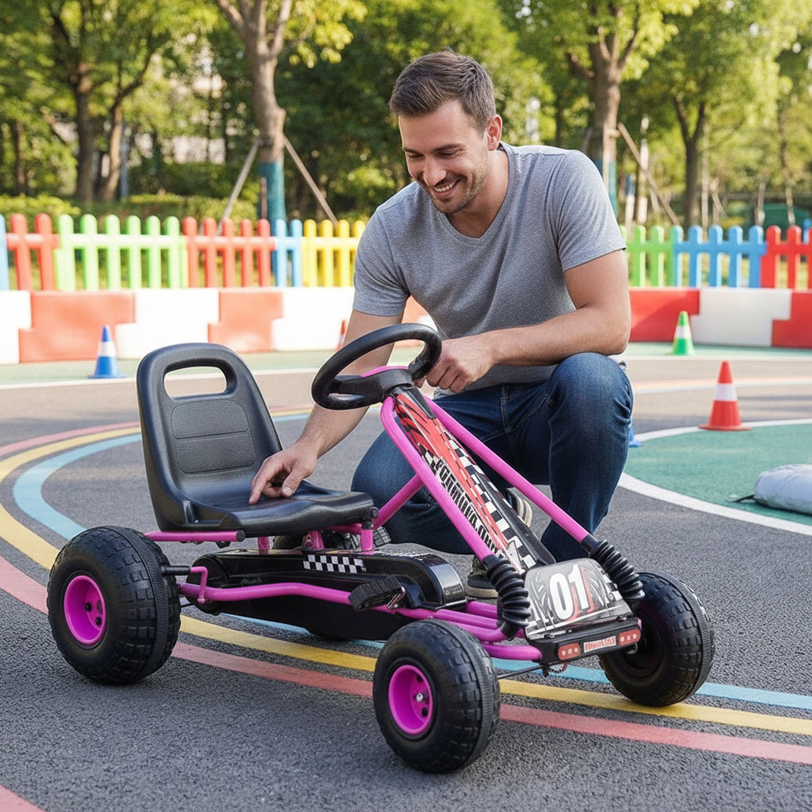 Kids 4-Wheel Pedal Powered Ride On 2-Position Adjustable Seat Handbrake Multi-Terrain Wheels Ages 3-8 Pink Pedal Go Cart