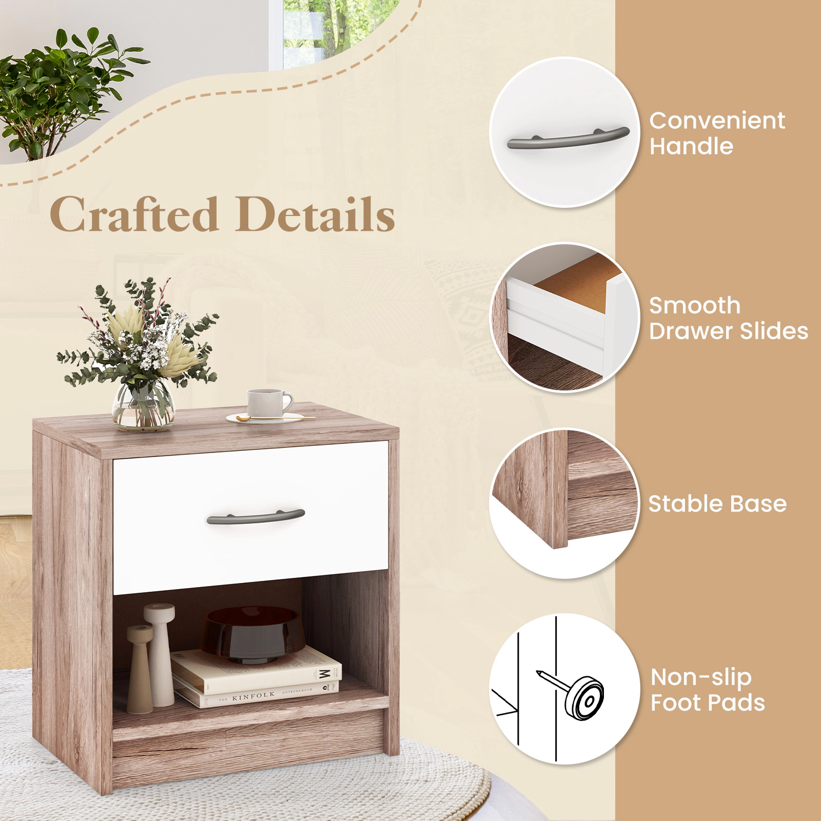 SUGIFT Bedside Table Nightstand with Drawer and Open Storage Shelf 22-Lb Capacity Oak