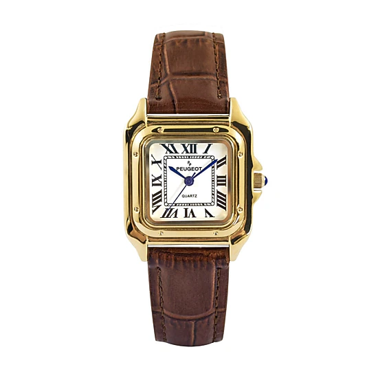 Peugeot Women's 14K Gold-Plated 32mm Tank Shape Brown Leather Strap Watch