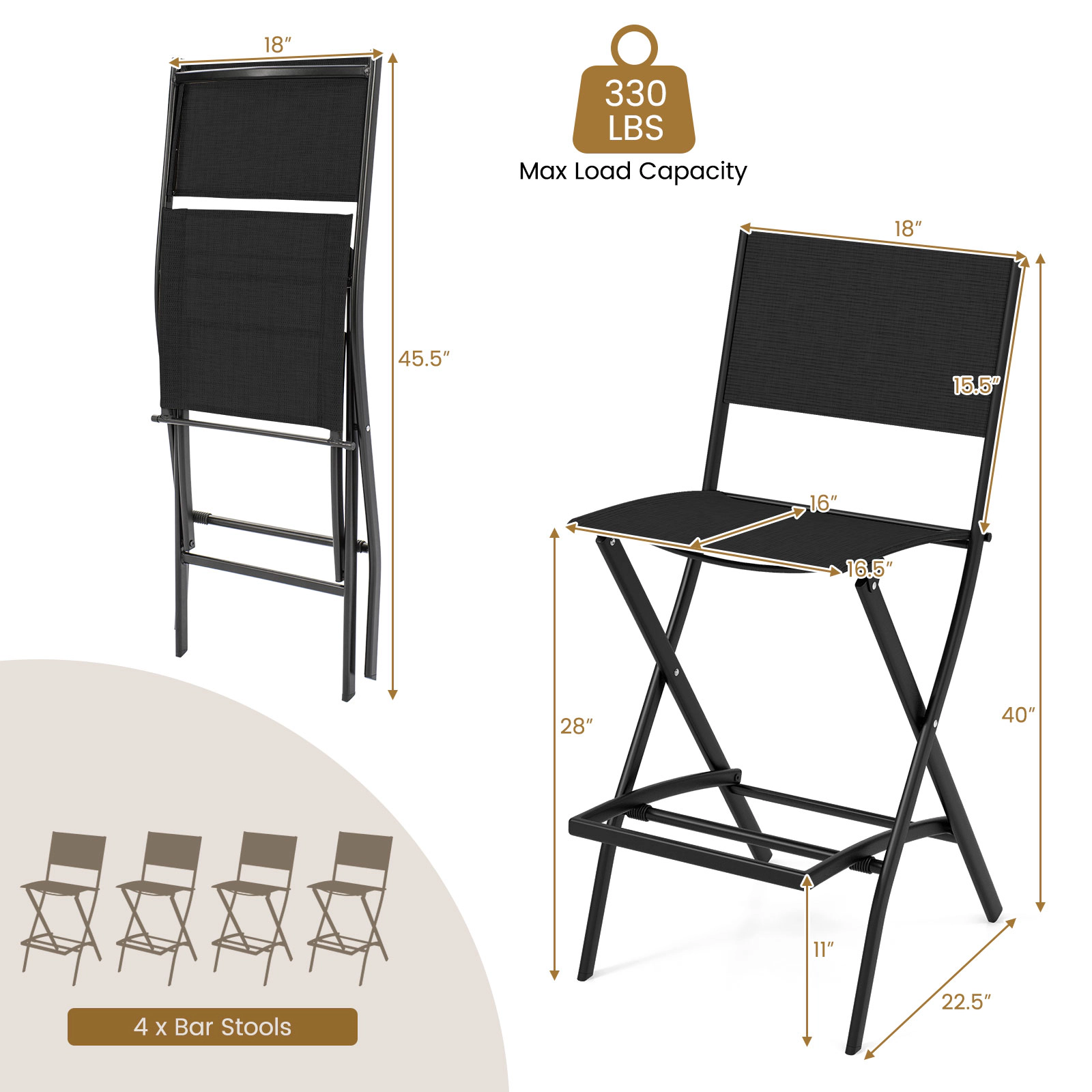 SUGIFT Set of 4 Folding Bar Stools, 330-Lb Capacity, 28-In Seat Height, Black