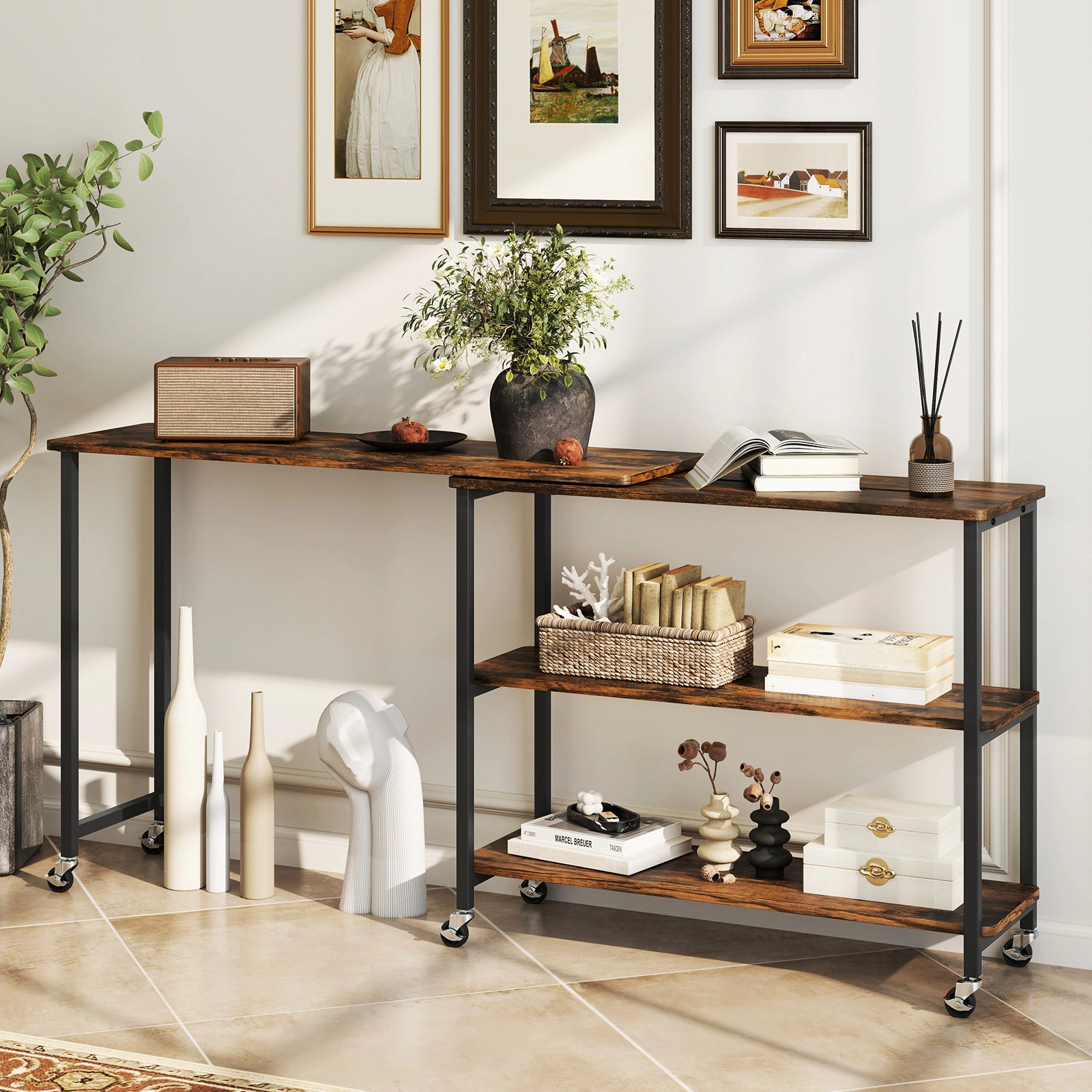 Glintex 360-Degree Rotating Sofa Side Table with Casters and 2 Open Shelves, Rustic Brown