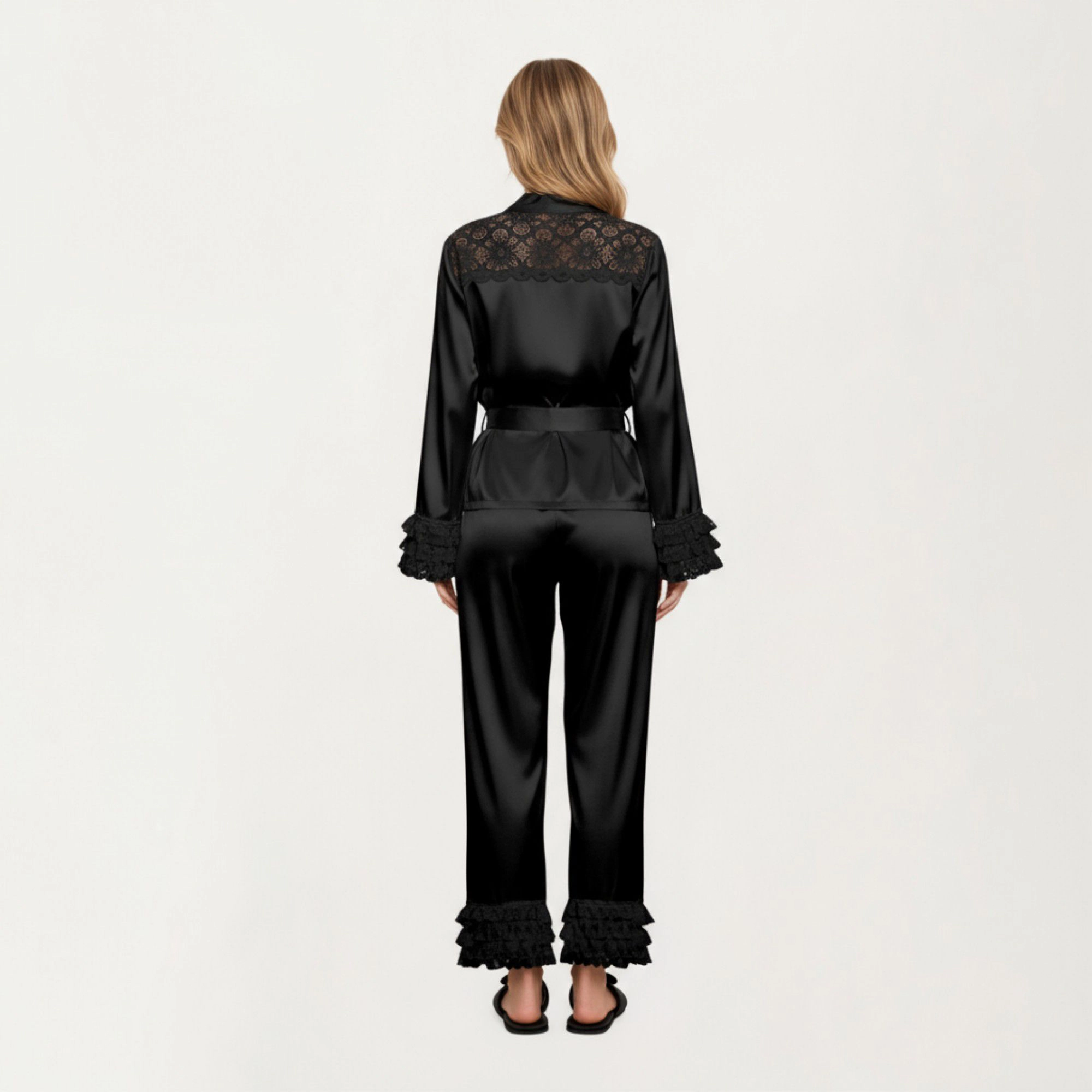 Anna-Kaci Women's 2-Piece Satin Lace Shoulder Long Sleeve Top with Ruffle Cuff Pants