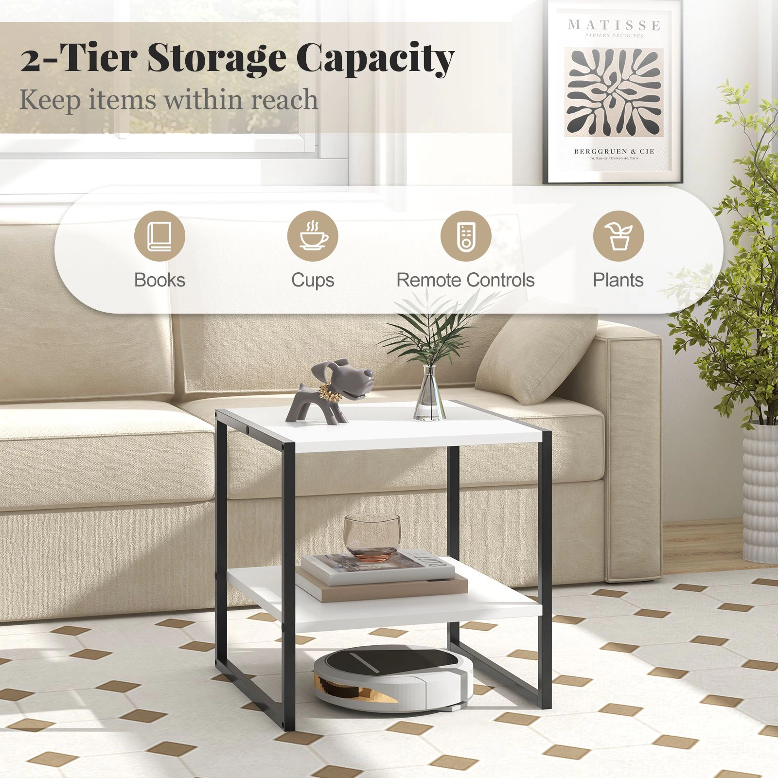 SlickBlue 2 Tier Modern Side Table with Metal Frame and Storage Shelf