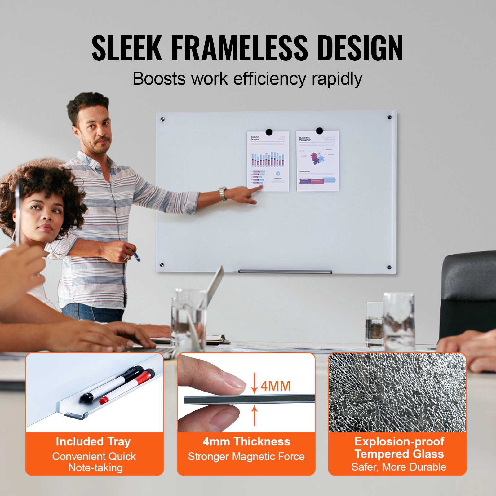 HONGGE 36 x 24 Inch Magnetic Glass Whiteboard, Frameless Wall-Mounted Dry Erase Board with Marker Tray