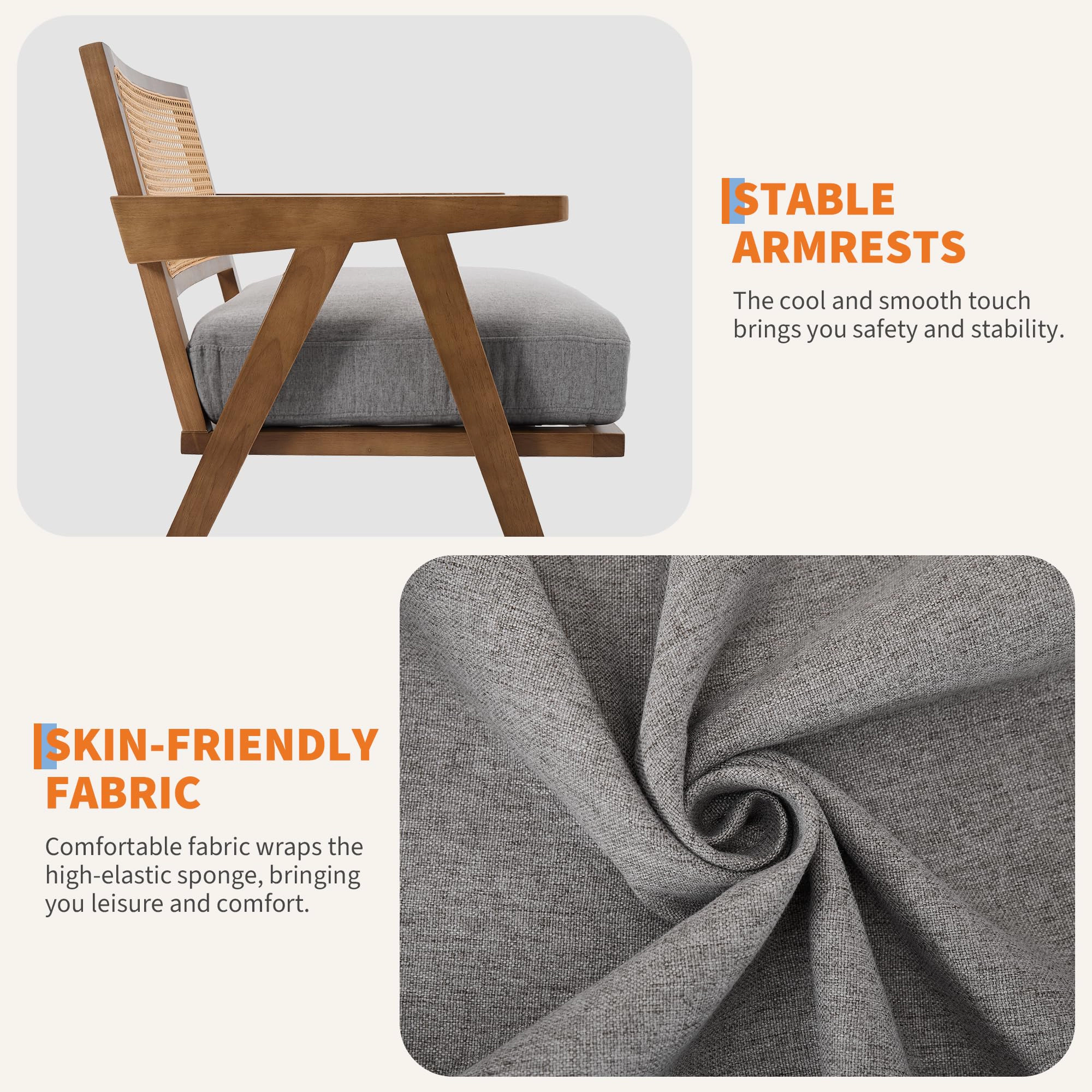 BebreezChic Mid-Century Accent Chair, Farmhouse Wood Armchair with Rattan Backrest & Cushion