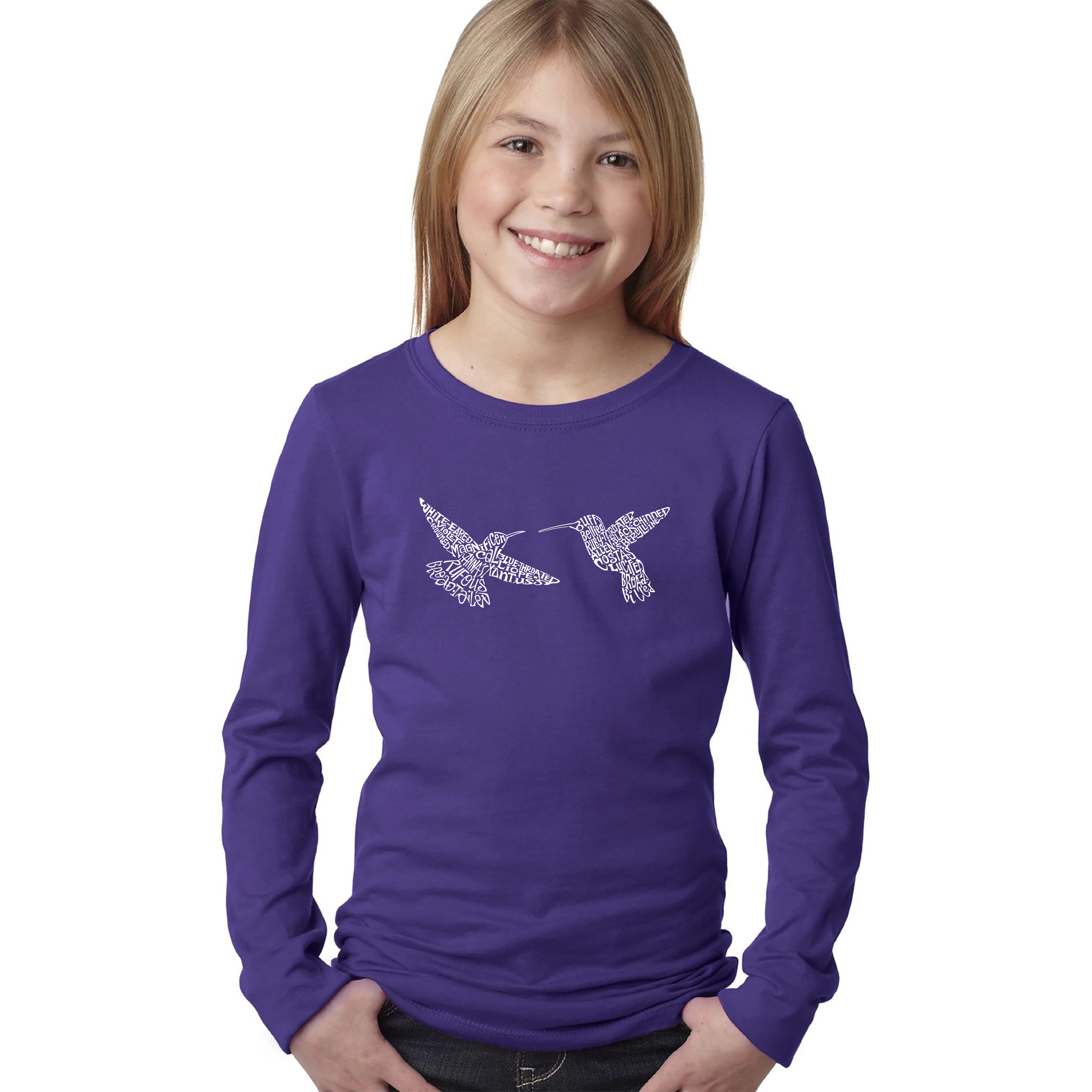 LA Pop Art Girls Long Sleeve Word T-Shirt - Hummingbirds