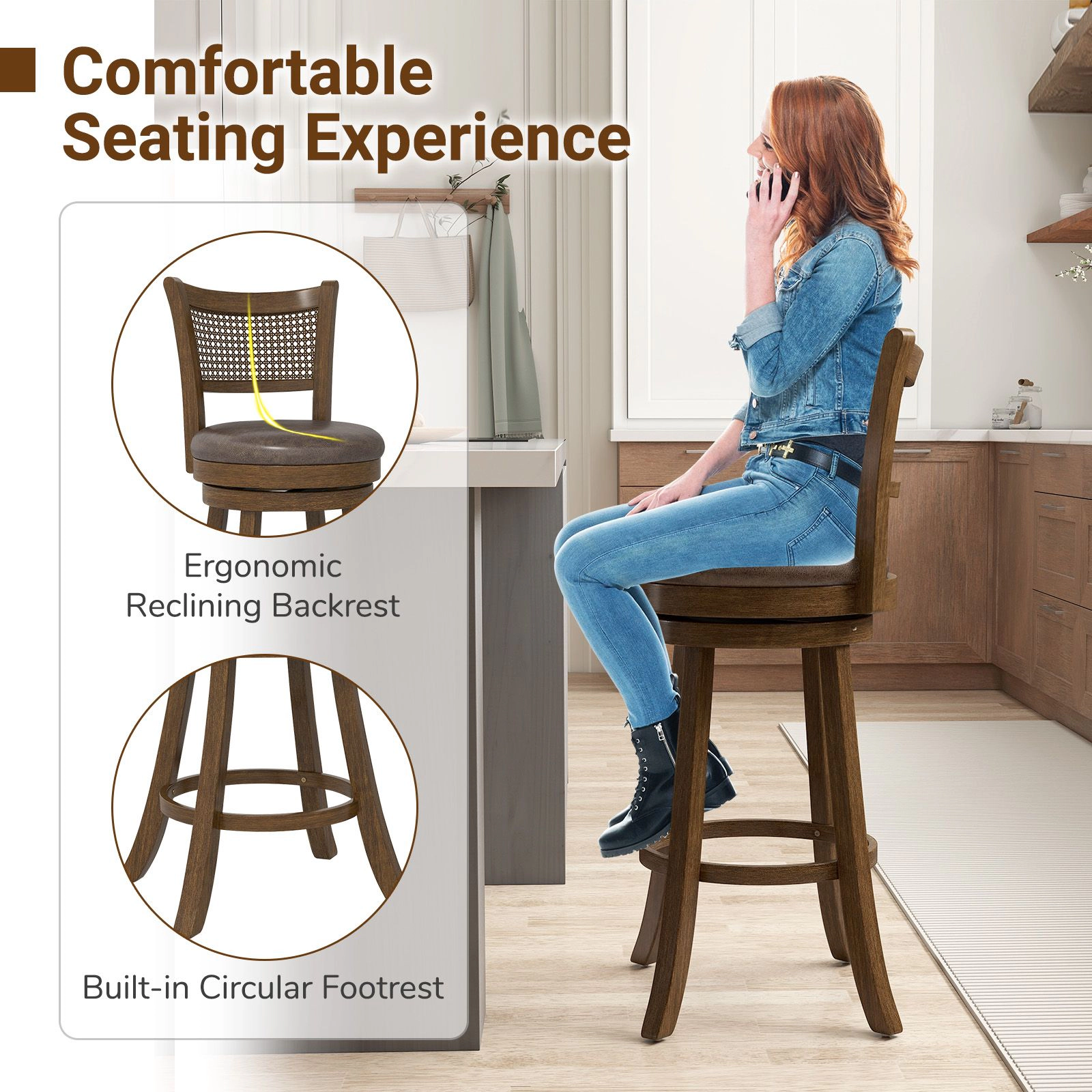SlickBlue High Dining Chairs with Leathaire Seat, Footrest and Rattan Backrest