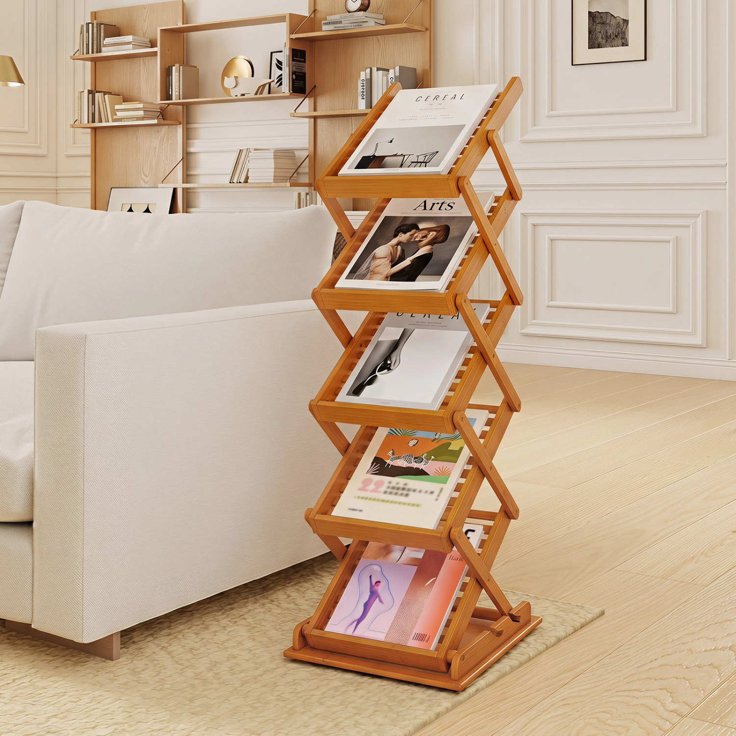 SUGIFT 5-Tier Walnut Foldable Bamboo Magazine Rack Floor Stand with 2 Adjustable Heights and Display Holder