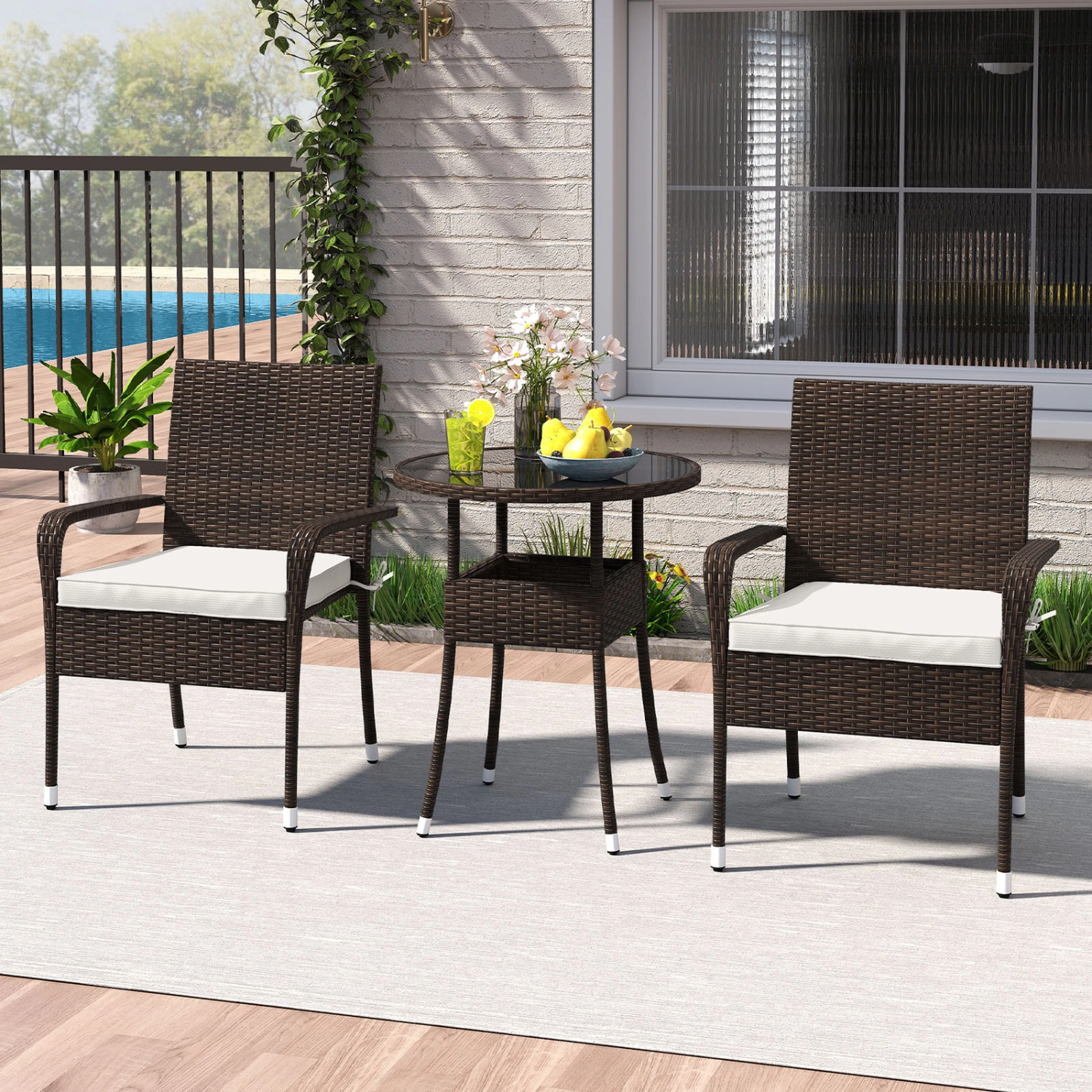 SUGIFT 3-Piece PE Rattan Patio Conversation Set with Tempered Glass Top Table 400-lb Chair Capacity Mix Brown/Beige