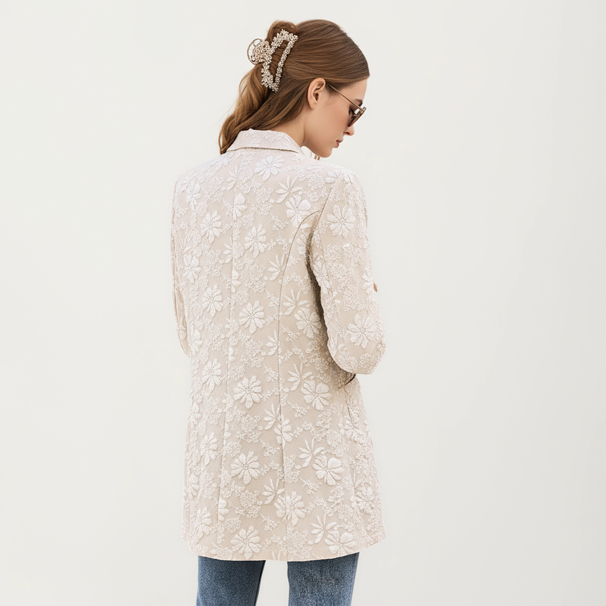 Anna-Kaci Women's Floral Textured Longline Blazer with Notched Lapel and Open Front