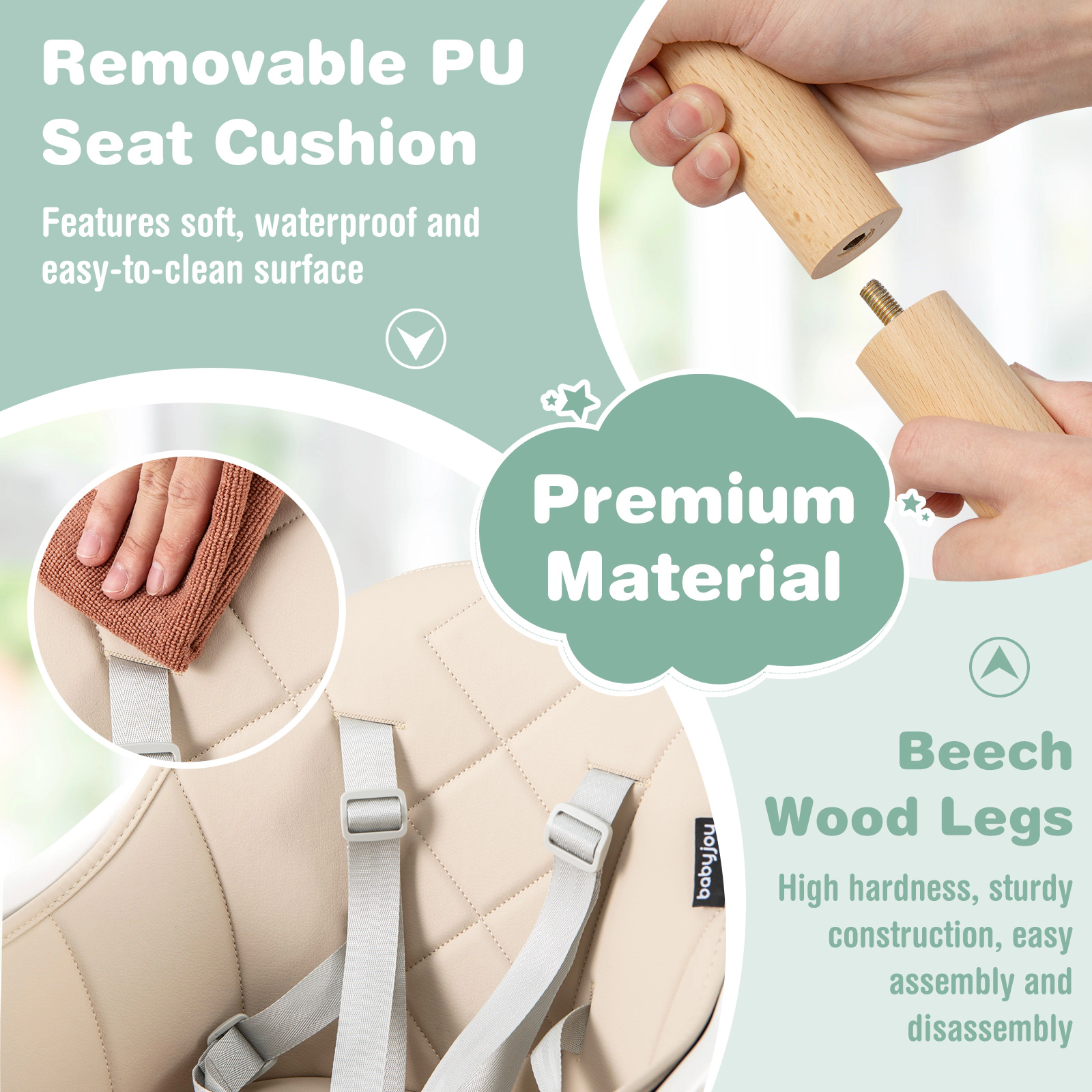 SUGIFT Removable Dishwasher Safe Double Tray and Beech Legs 6-in-1 Baby High Chair