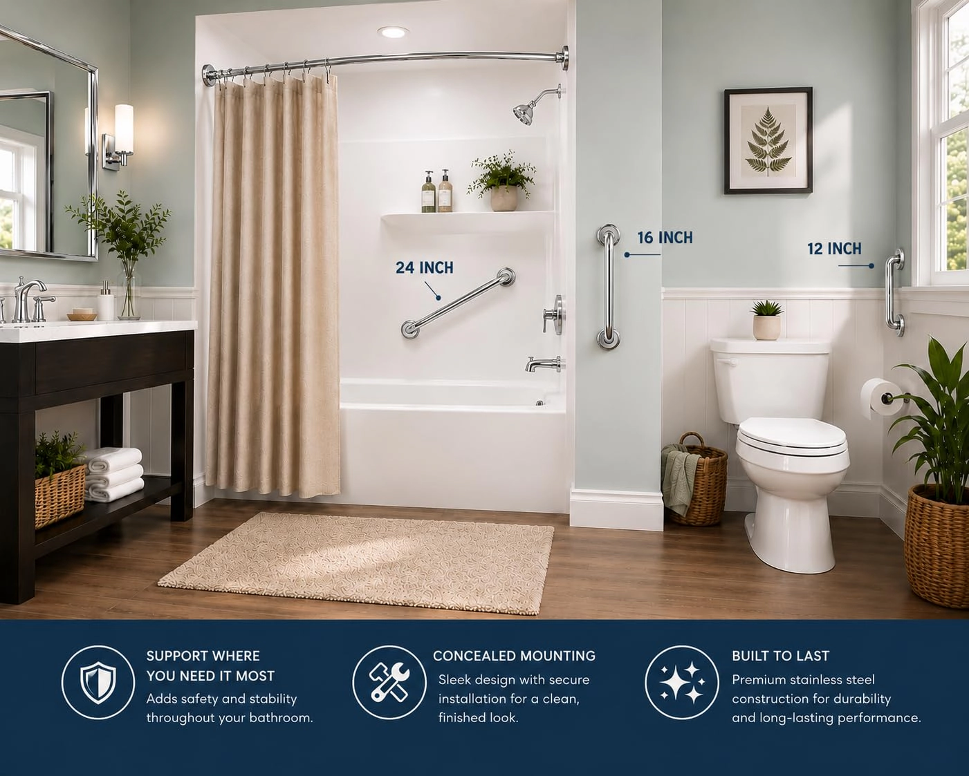 Utopia Alley Stainless Steel 12-Inch Decorative Wall-Mounted Grab Bar for Shower & Bathroom, Brushed Nickel, 4 Pack