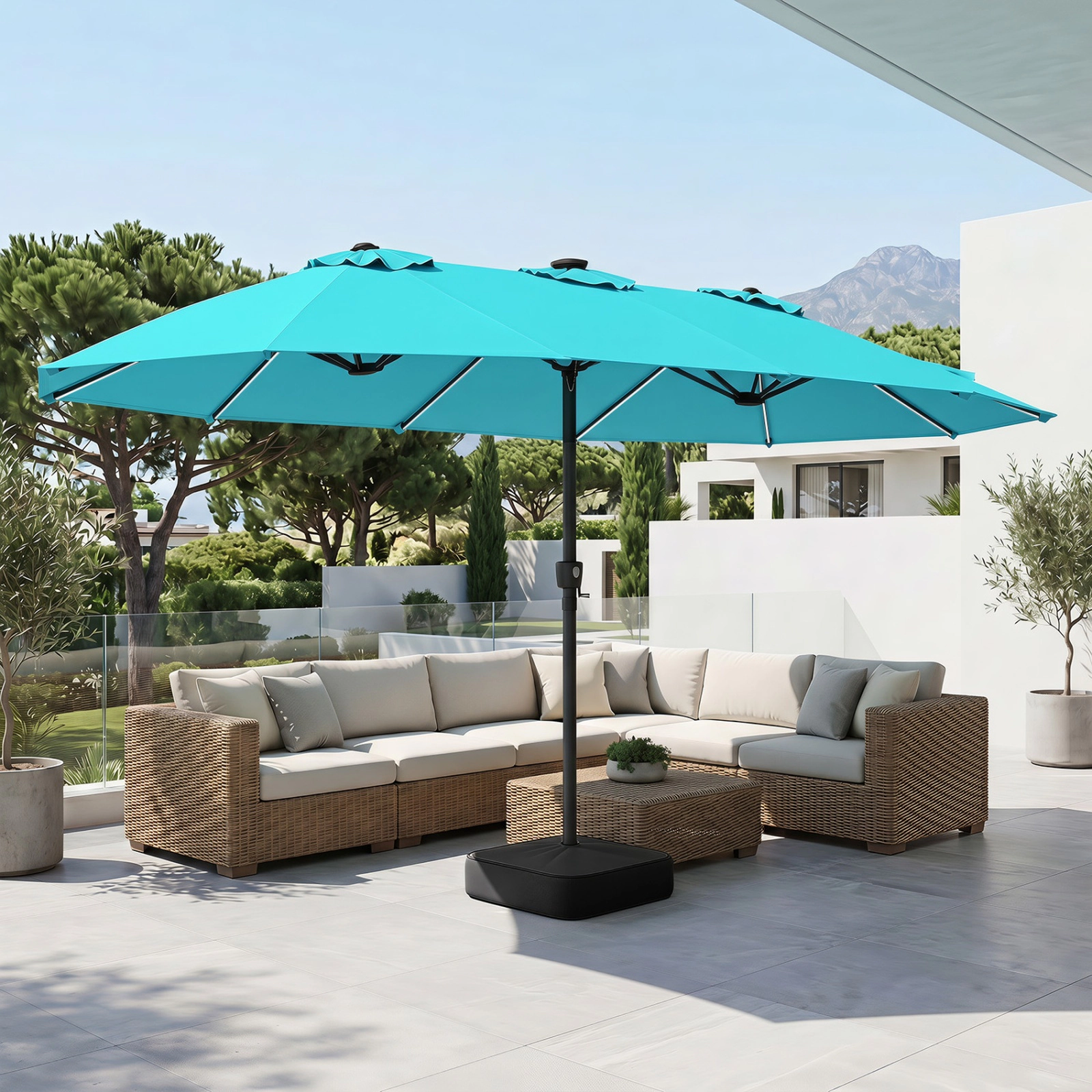 SUGIFT Extra-Large 15.5-ft Patio Umbrella with LED Lights and Base 12 Reinforced Ribs Turquoise