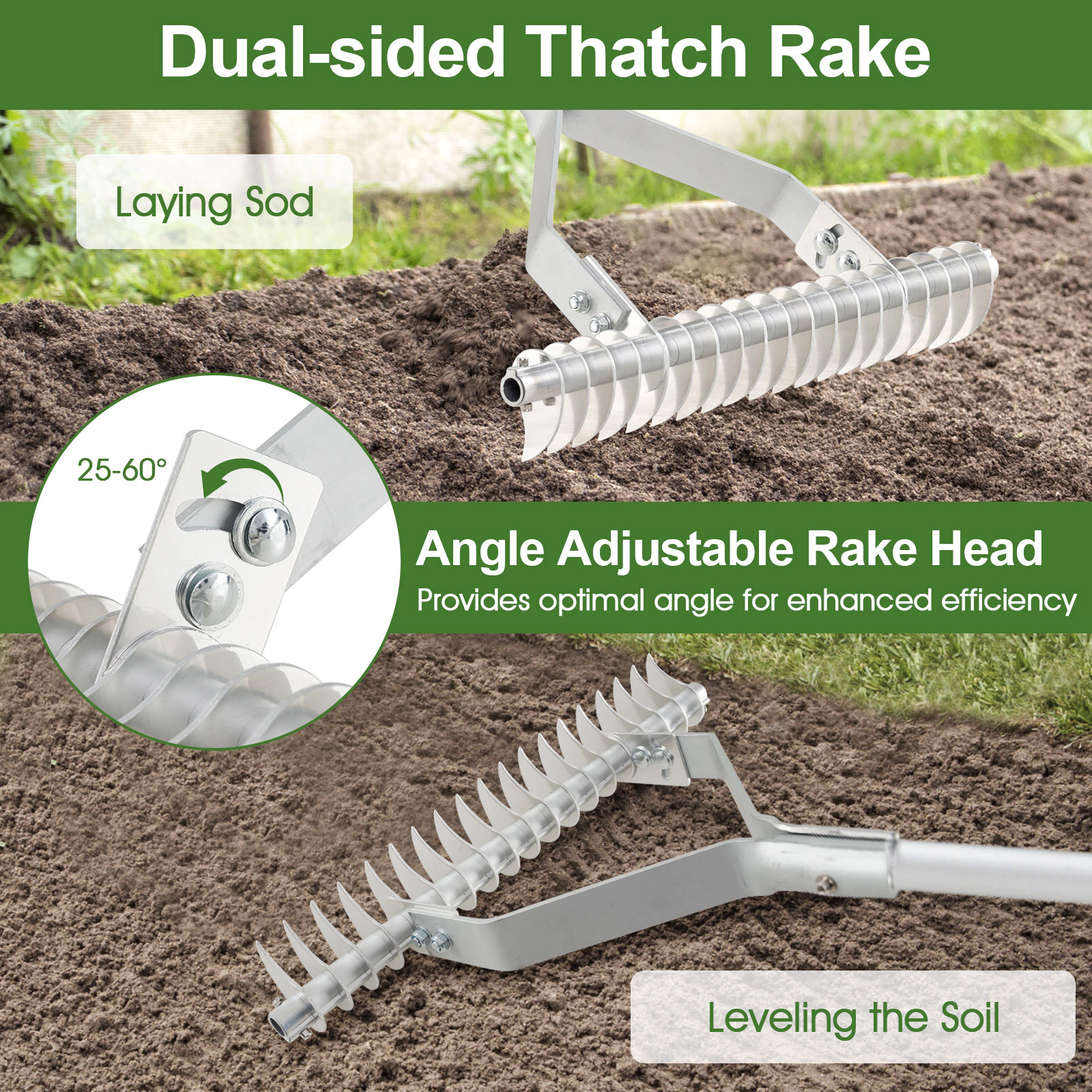 SUGIFT 20 in Aluminum Thatch Rake Silver with 19 Curved Tines and 70 in Handle