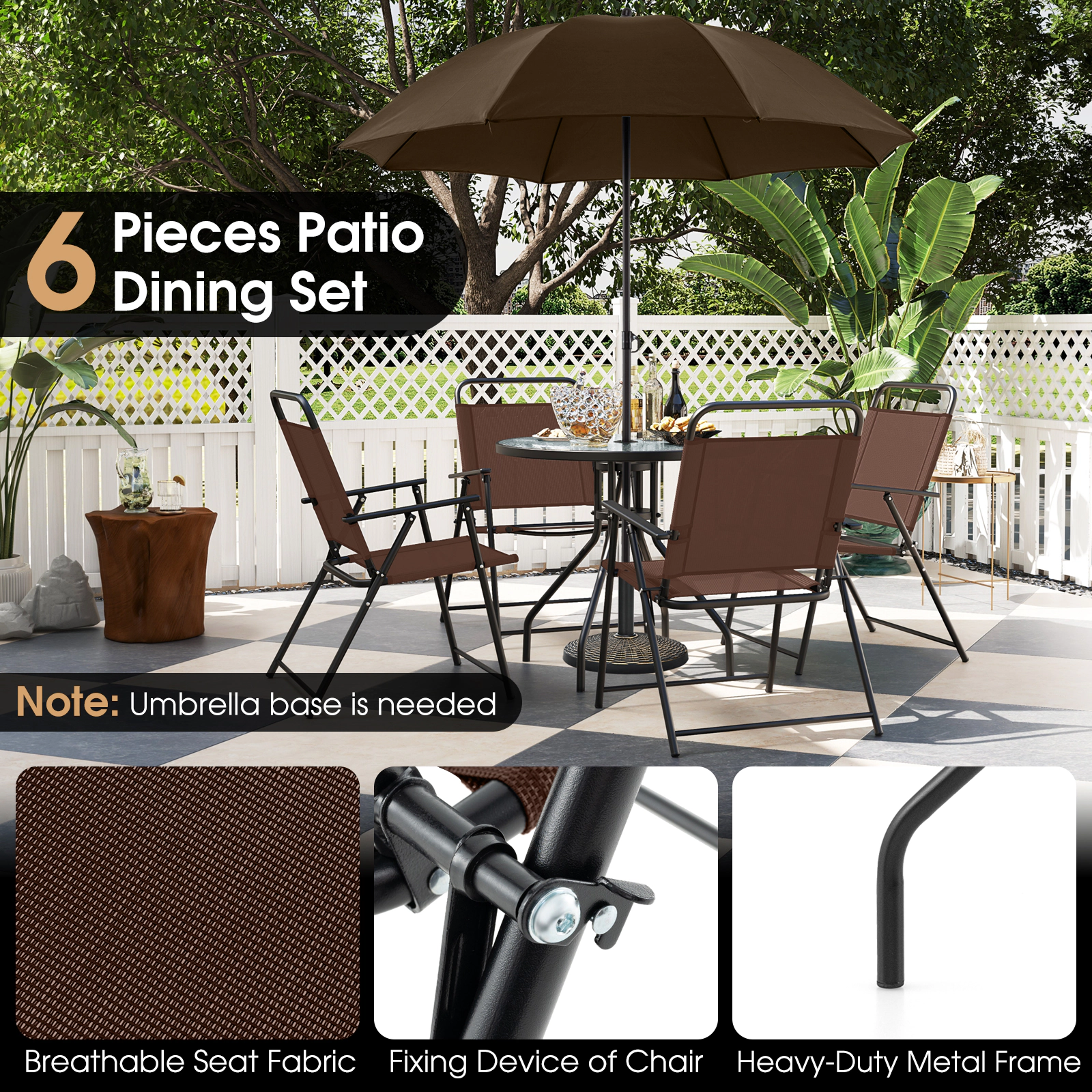 SUGIFT 6-Piece Patio Dining Set with Folding Chairs Glass Table 110-lb Table Capacity 71 x 78-in Umbrella Coffee